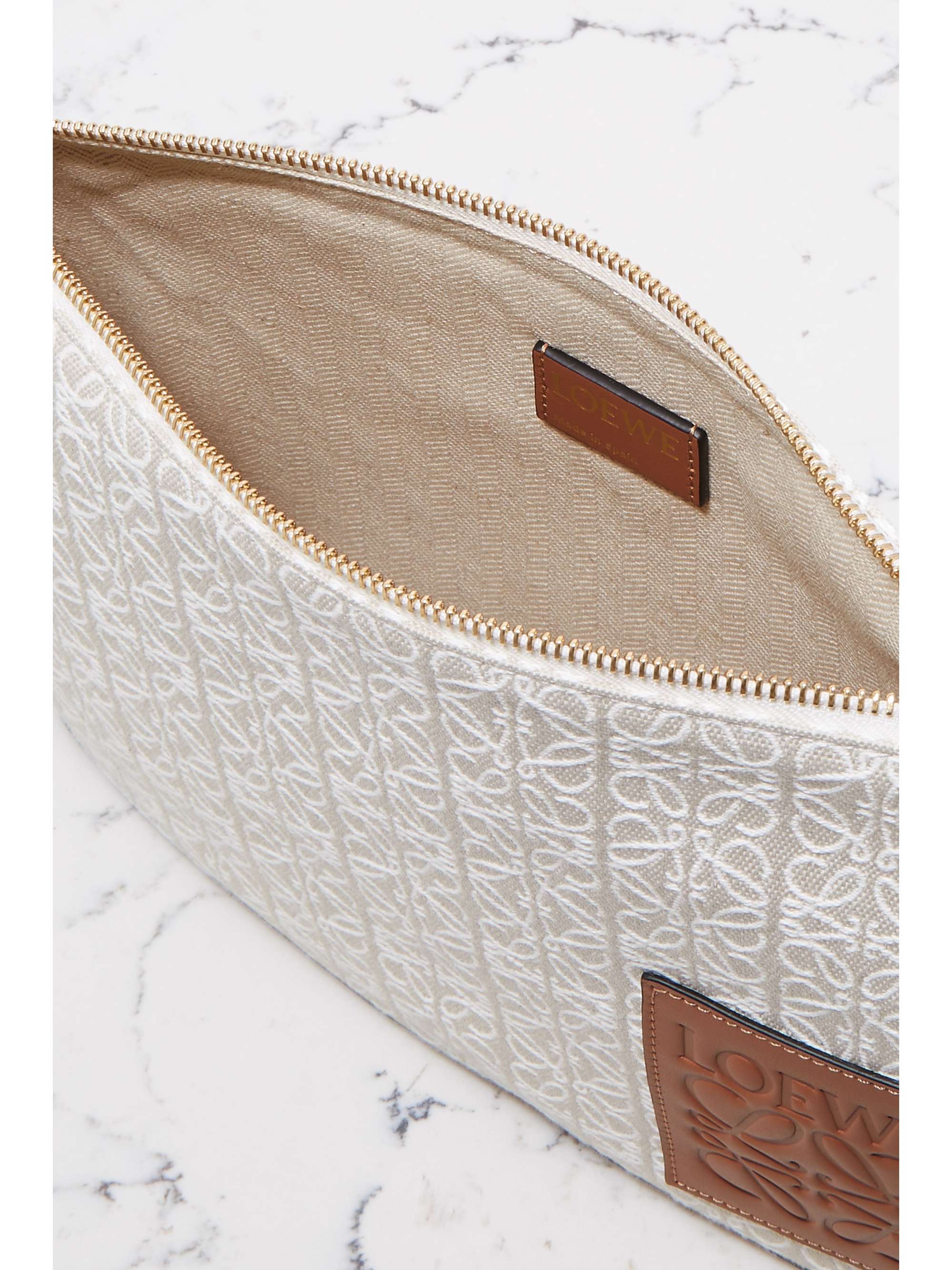 + Paula's Ibiza leather-trimmed canvas-jacquard pouch