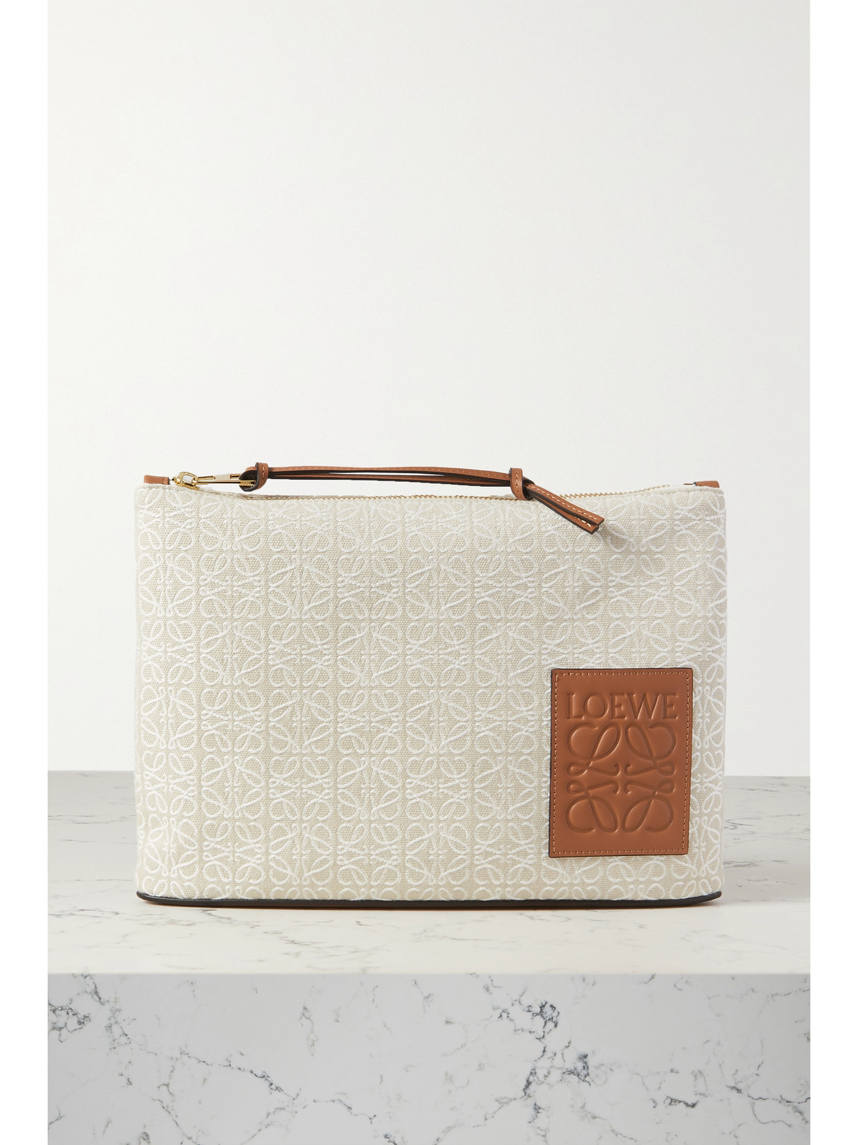 Shop Loewe + Paula's Ibiza Leather-trimmed Canvas-jacquard Pouch In Brown