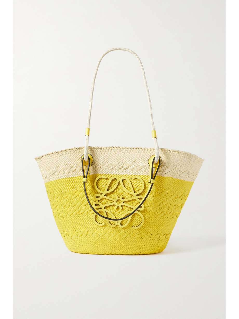 Leather Trim Raffia Tote Yellow