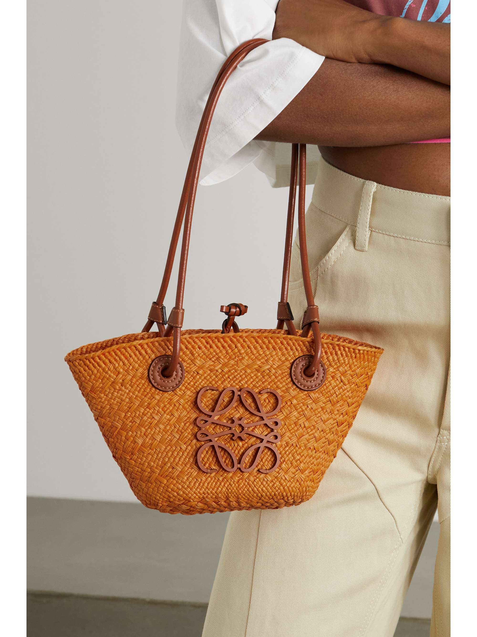 LOEWE + Paula's Ibiza mini leather-trimmed woven raffia tote