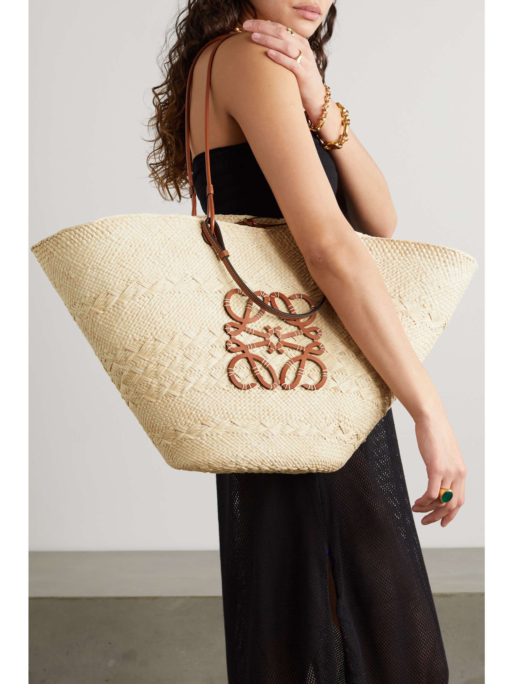 + Paula's Ibiza medium leather-trimmed woven raffia tote