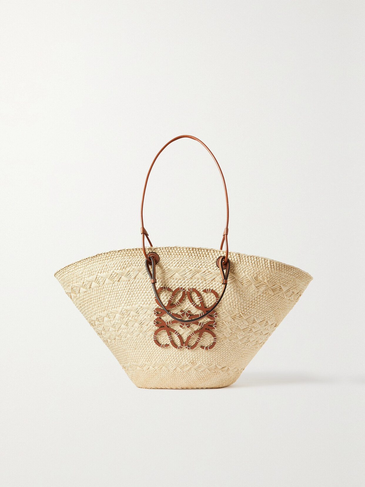 LOEWE + PAULA'S IBIZA ANAGRAM LARGE LEATHER-TRIMMED WOVEN RAFFIA TOTE