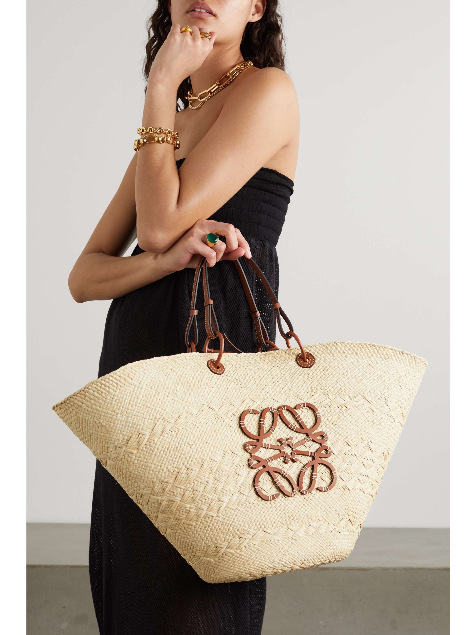 + Paula's Ibiza Anagram large leather-trimmed woven raffia tote