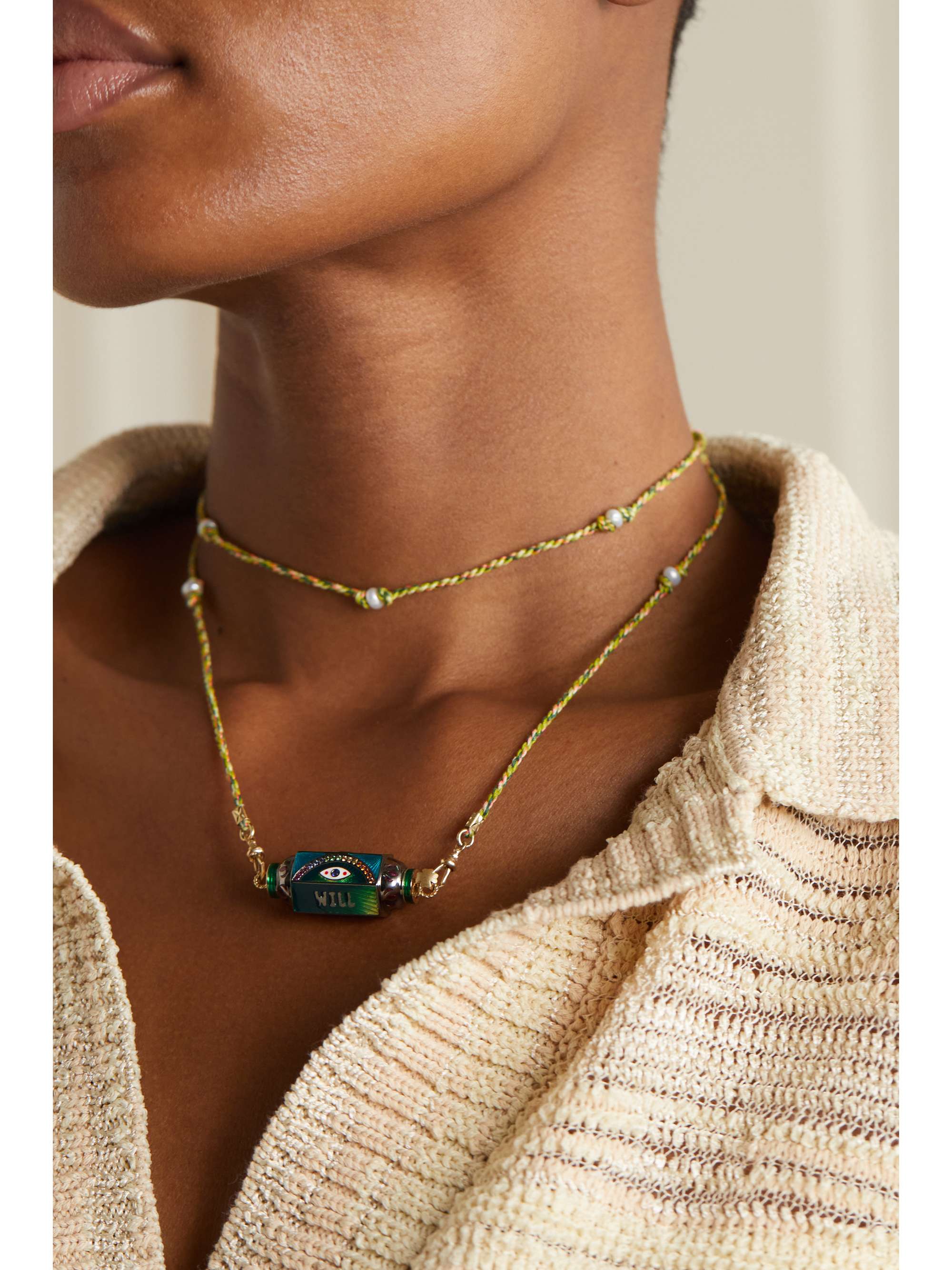 MARIE LICHTENBERG Eye Will Locket 14-karat gold, multi-stone and enamel necklace