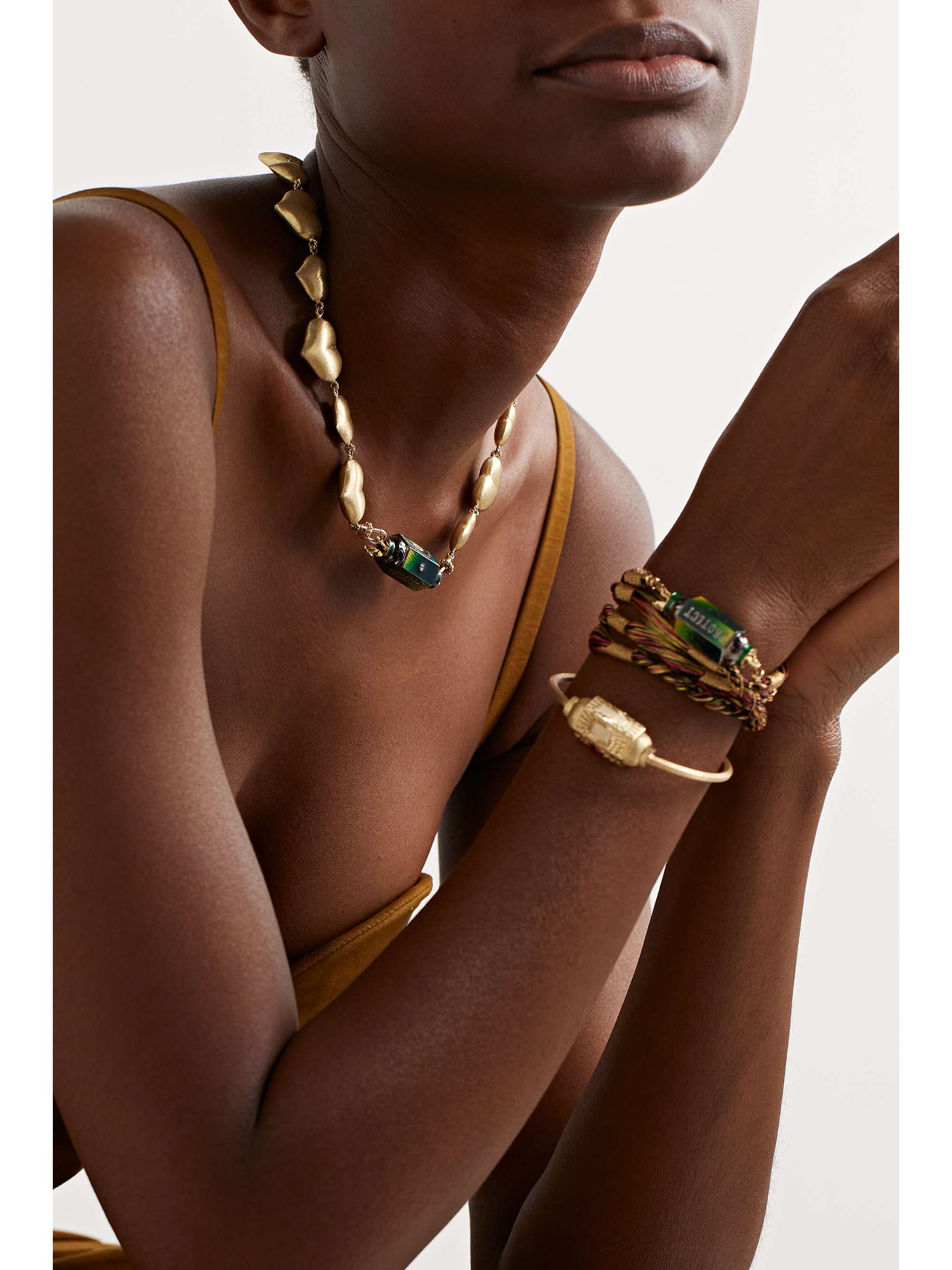 MARIE LICHTENBERG Eye Will Locket 9- and 14-karat gold, enamel, cord and multi-stone necklace