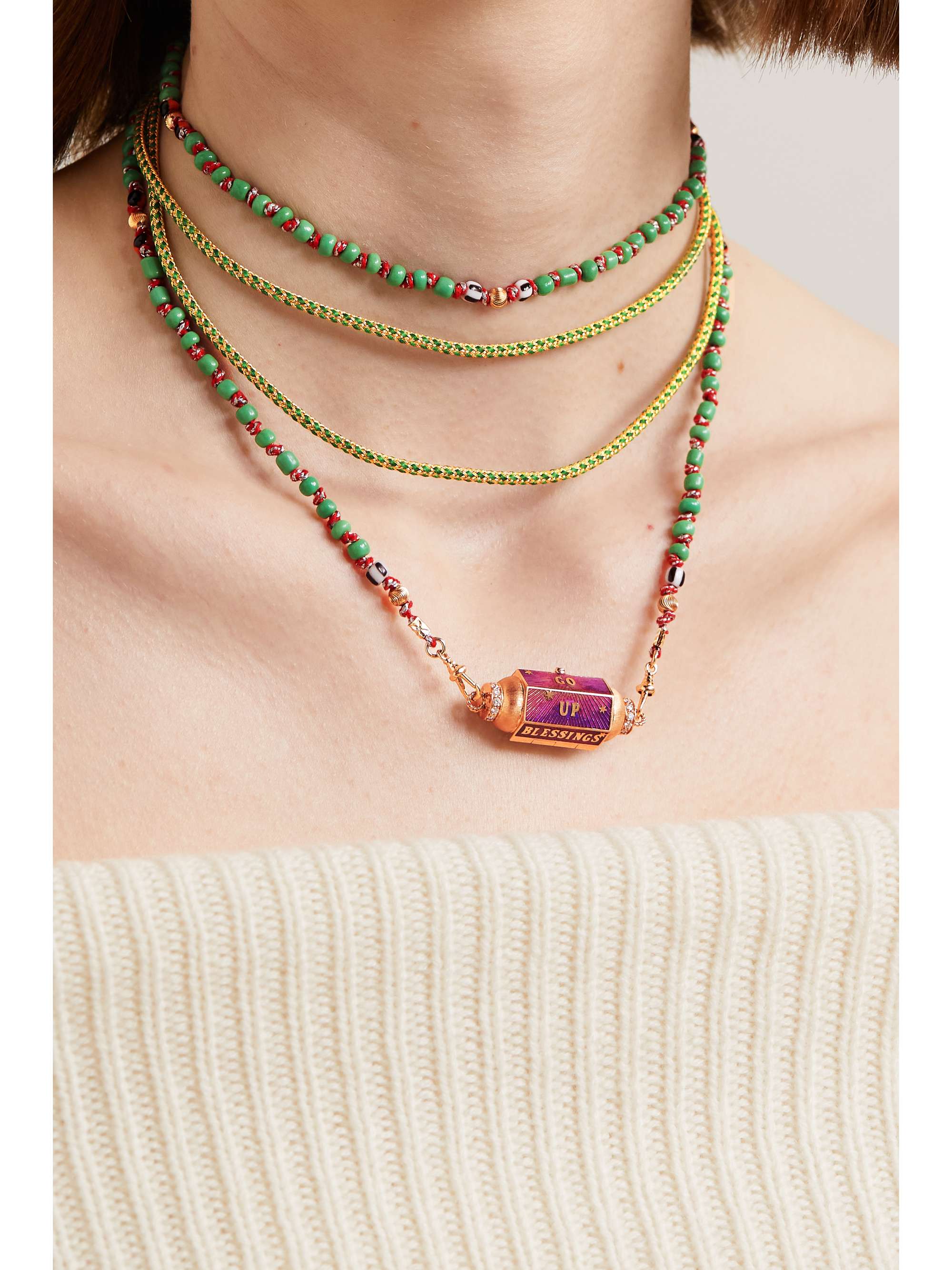 MARIE LICHTENBERG Prayers Box Locket 18-karat rose and yellow gold, bead, enamel and diamond necklace