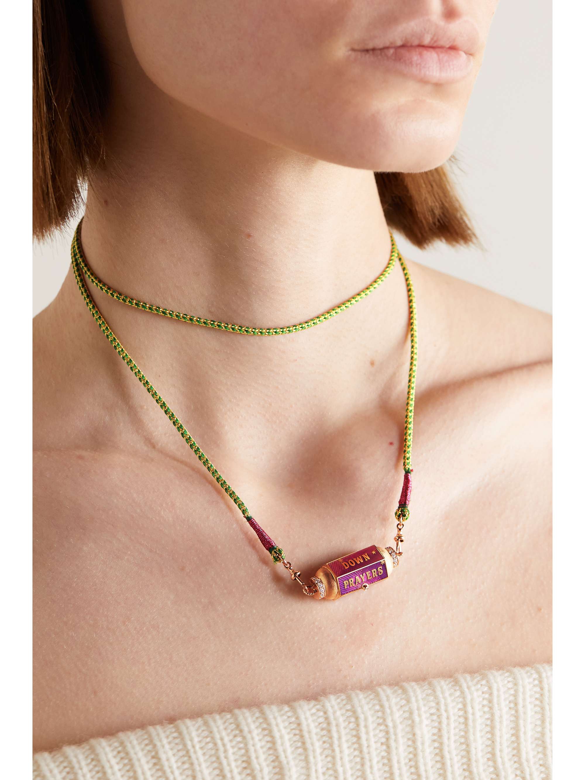 MARIE LICHTENBERG Prayers Box Locket 18-karat rose and yellow gold, bead, enamel and diamond necklace