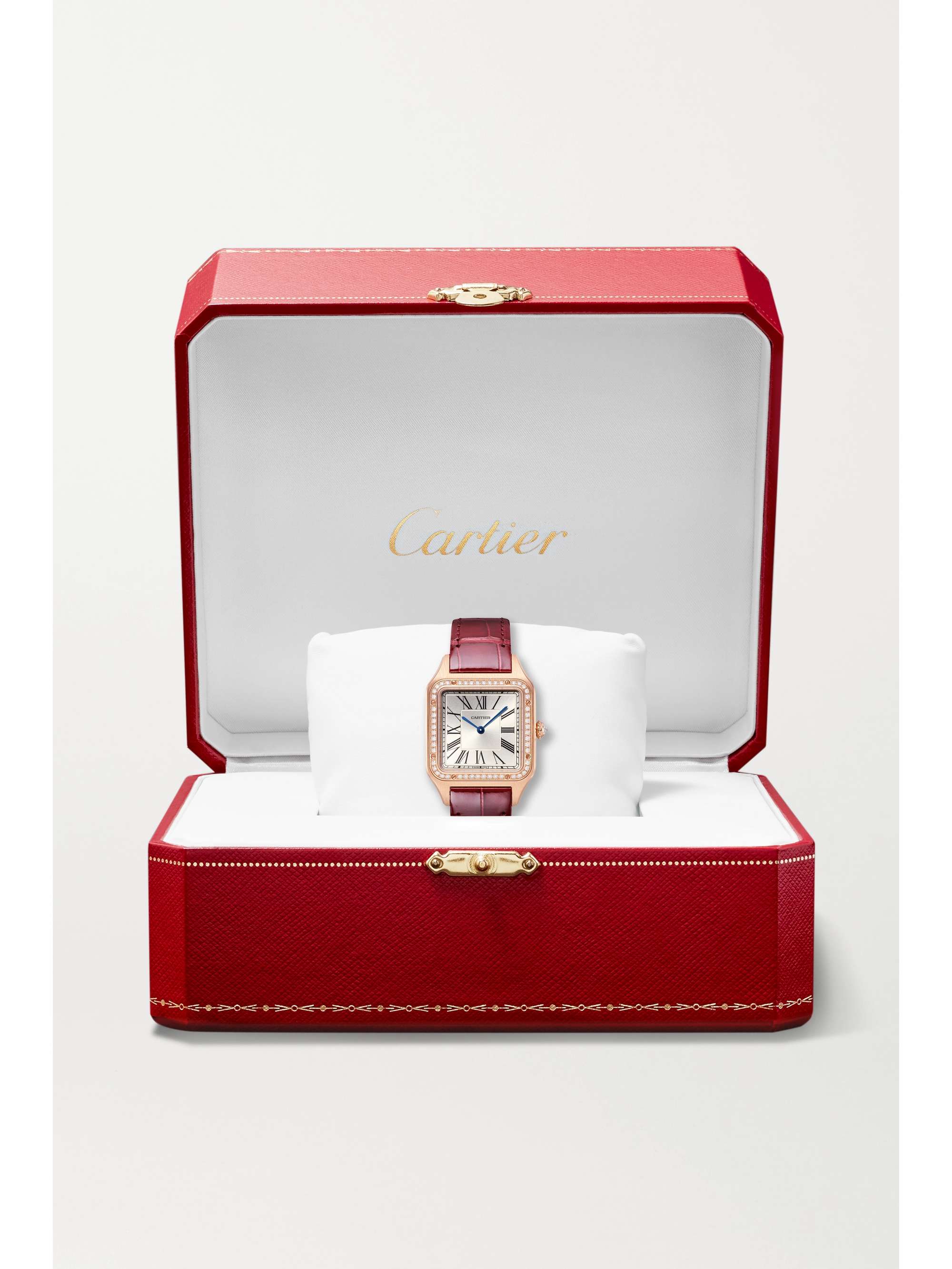 CARTIER Santos-Dumont 31.4mm large 18-karat rose gold, alligator and diamond watch