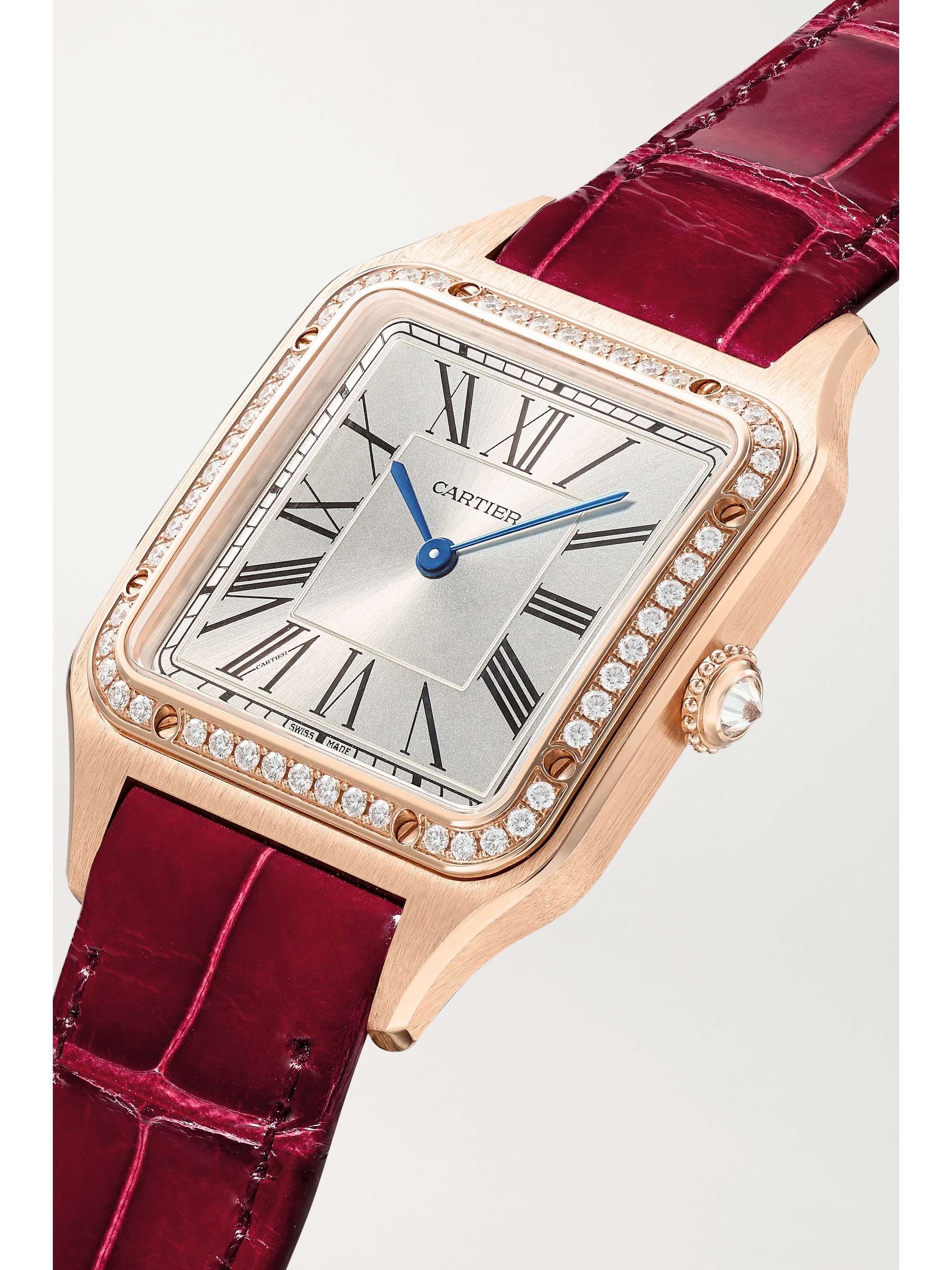 CARTIER Santos-Dumont 31.4mm large 18-karat rose gold, alligator and diamond watch