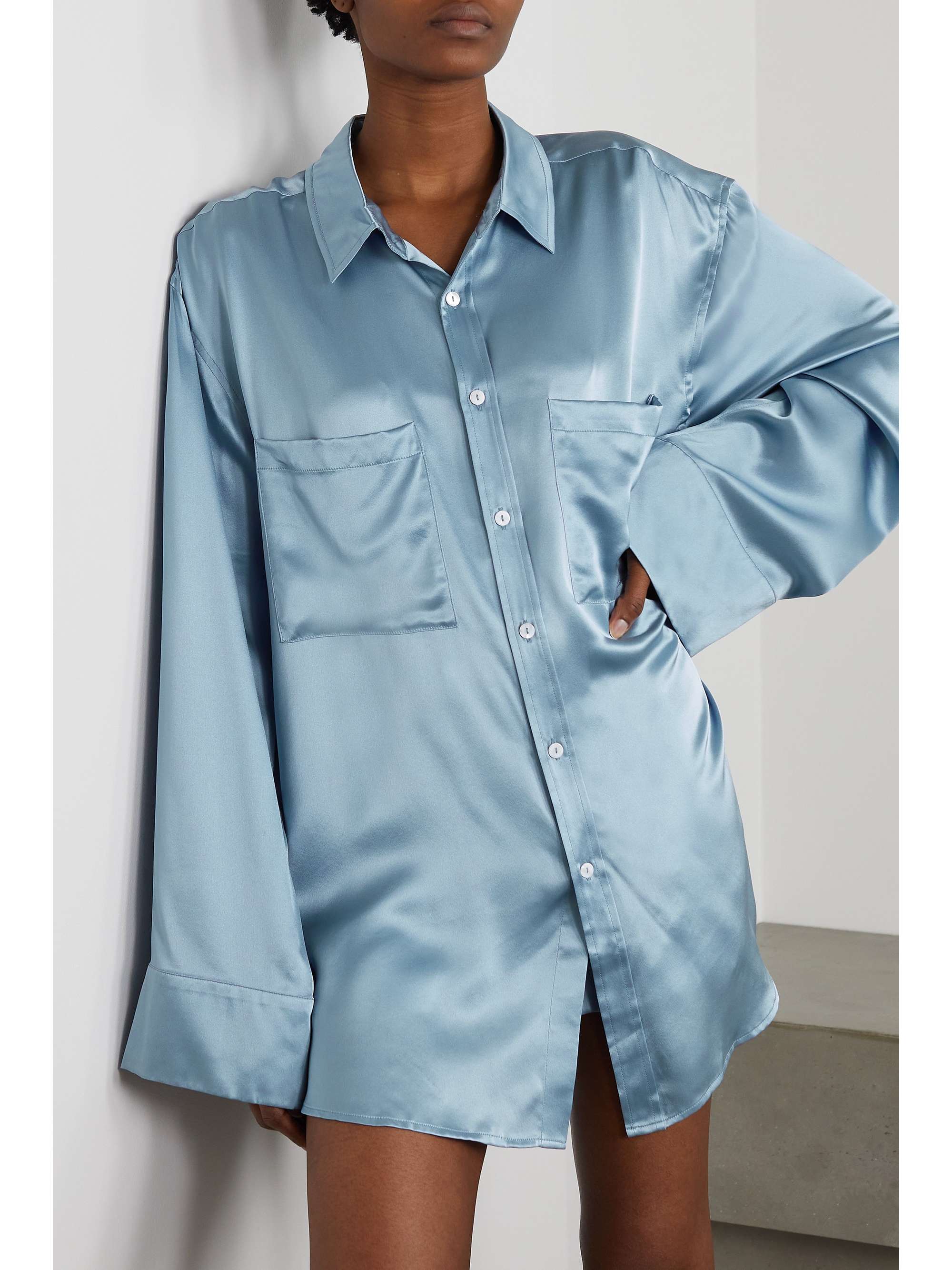 light blue satin shirt