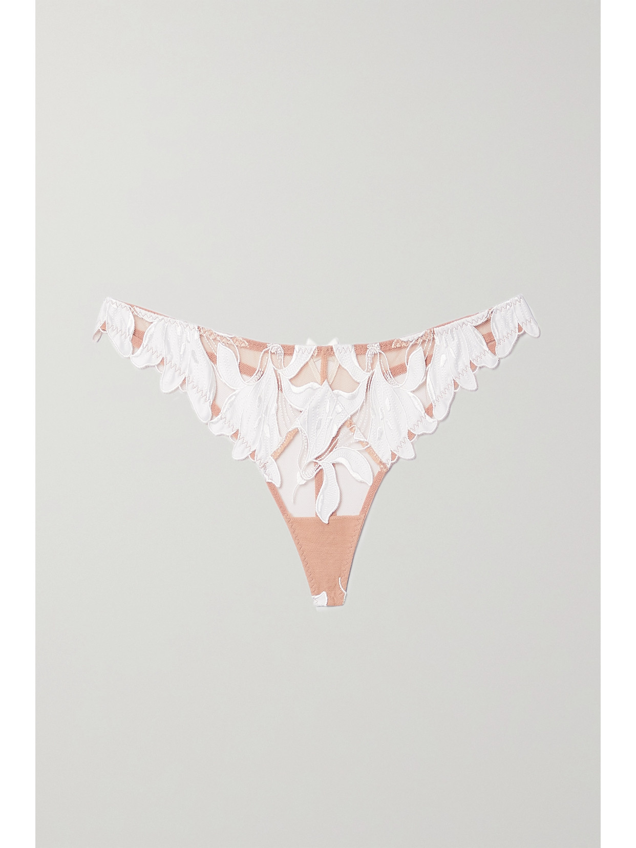 Fleur Du Mal Lily Satin-trimmed Embroidered Stretch-tulle Thong In Ivory