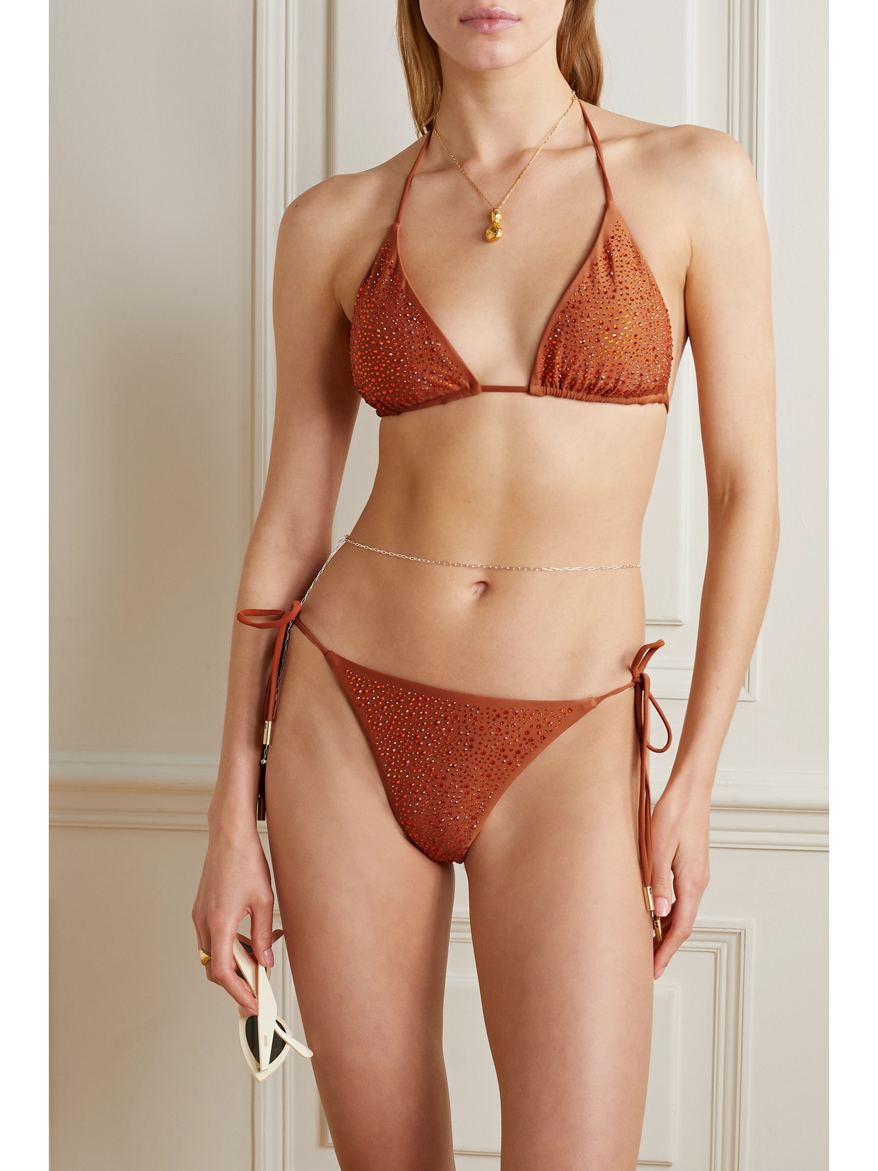 Cult Gaia Raven Recycled Crystal-embellished Bikini Top In Brown
