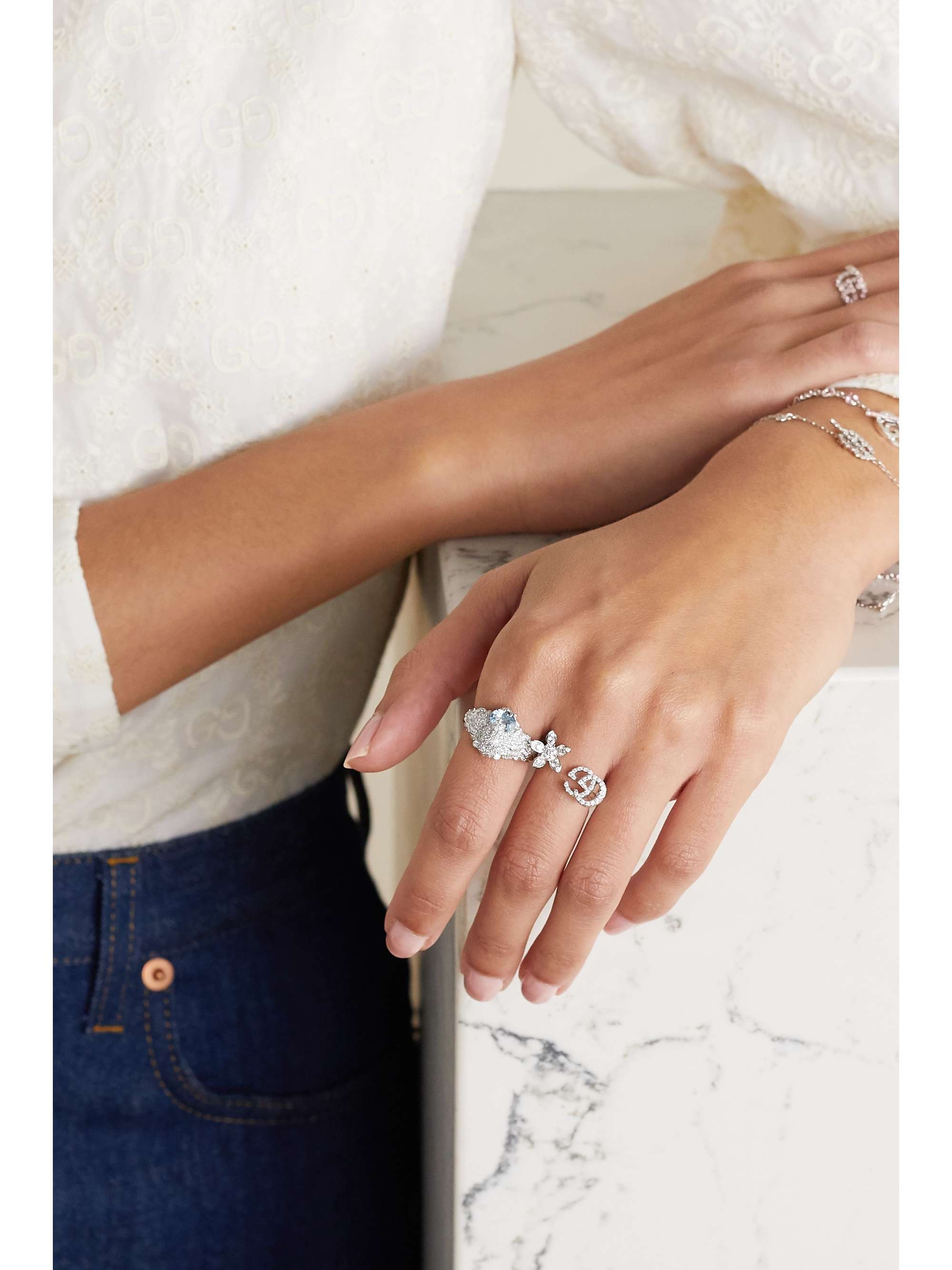 GUCCI 18-karat white gold, diamond and aquamarine ring