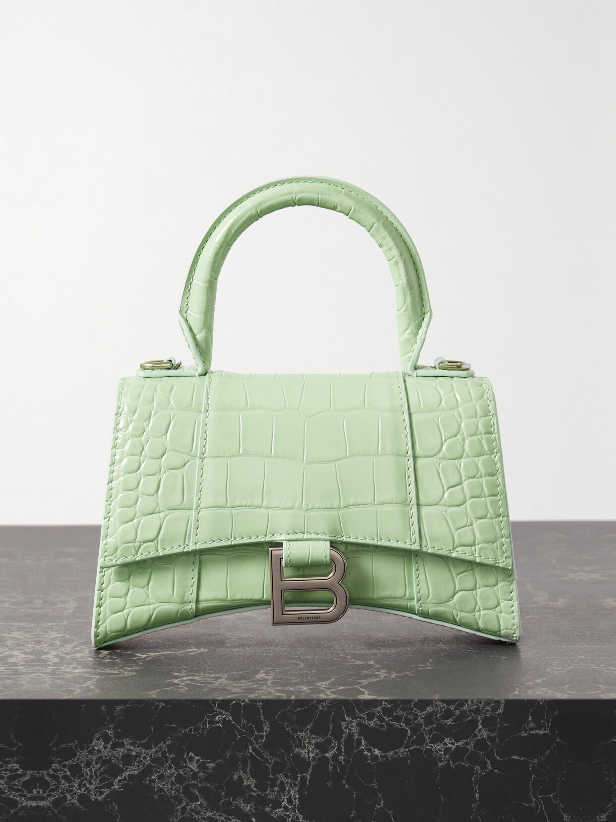 Balenciaga Hourglass Xs Croc-effect Leather Tote In Green