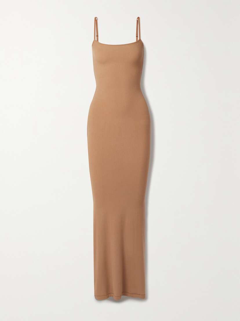 Skims Soft Lounge Ribbed Long Stretch-modal Slip Dress - Camel