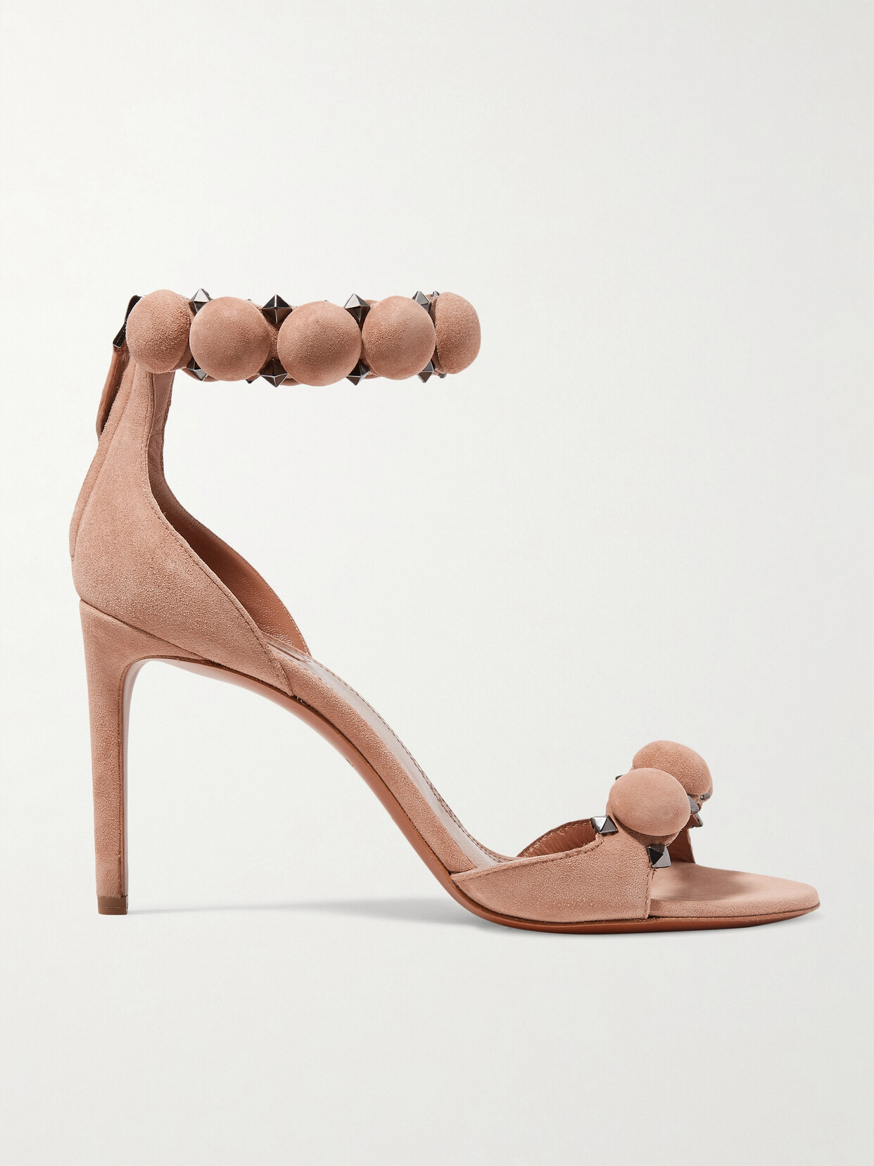 Alaïa La Bombe 90 Studded Suede Sandals In Neutrals