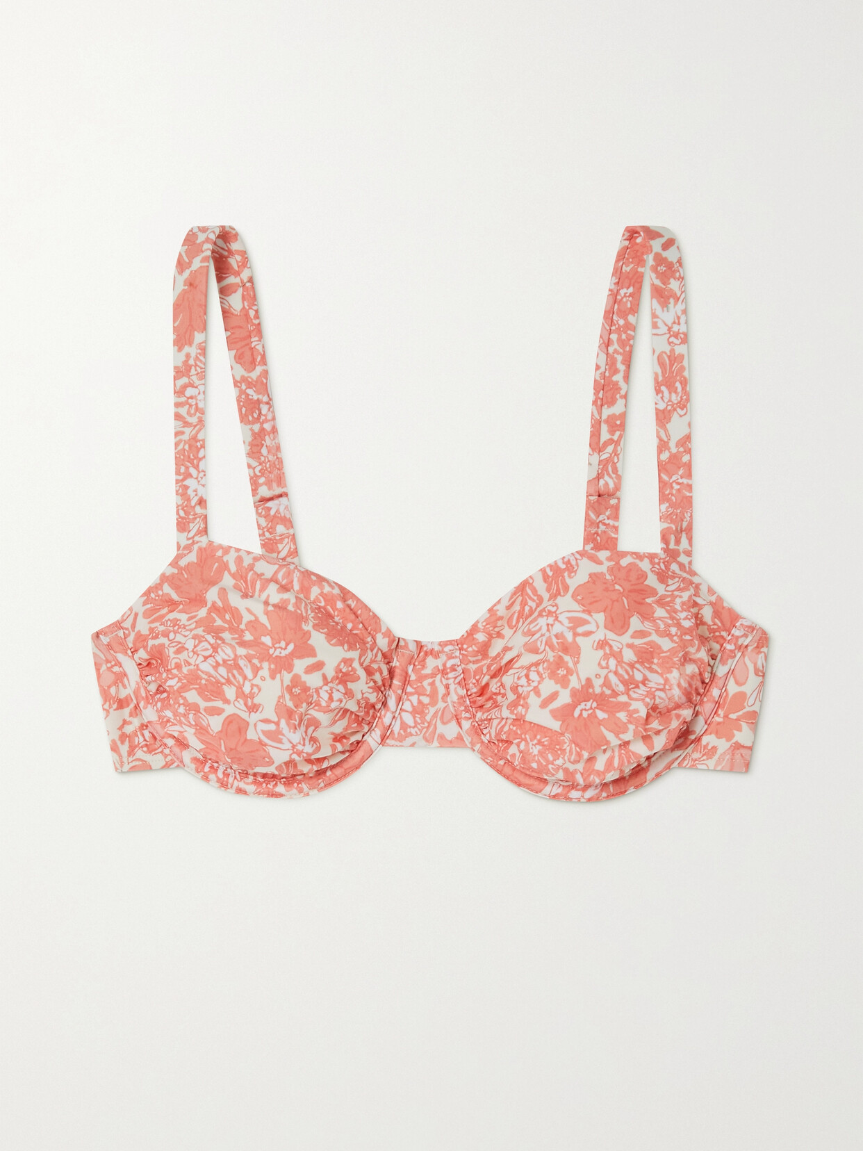 Peony + Net Sustain Holiday Ruched Floral-print Stretch-econyl Balconette Bikini Top In Orange