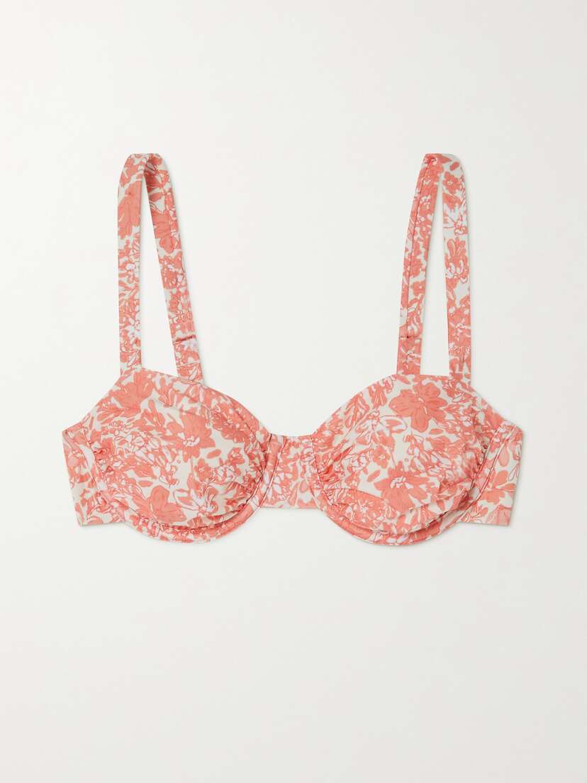 Peony + Net Sustain Holiday Ruched Floral-print Stretch-econyl Balconette Bikini Top