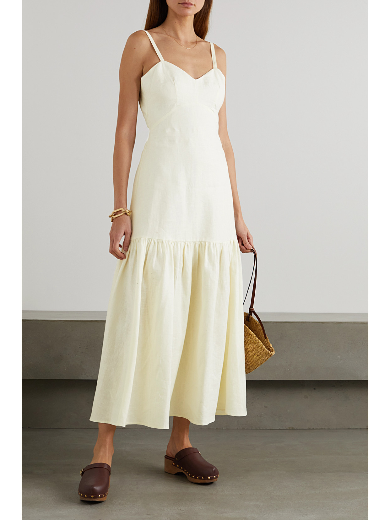 Peony - Open-back Tiered Linen Midi Dress - Off-white