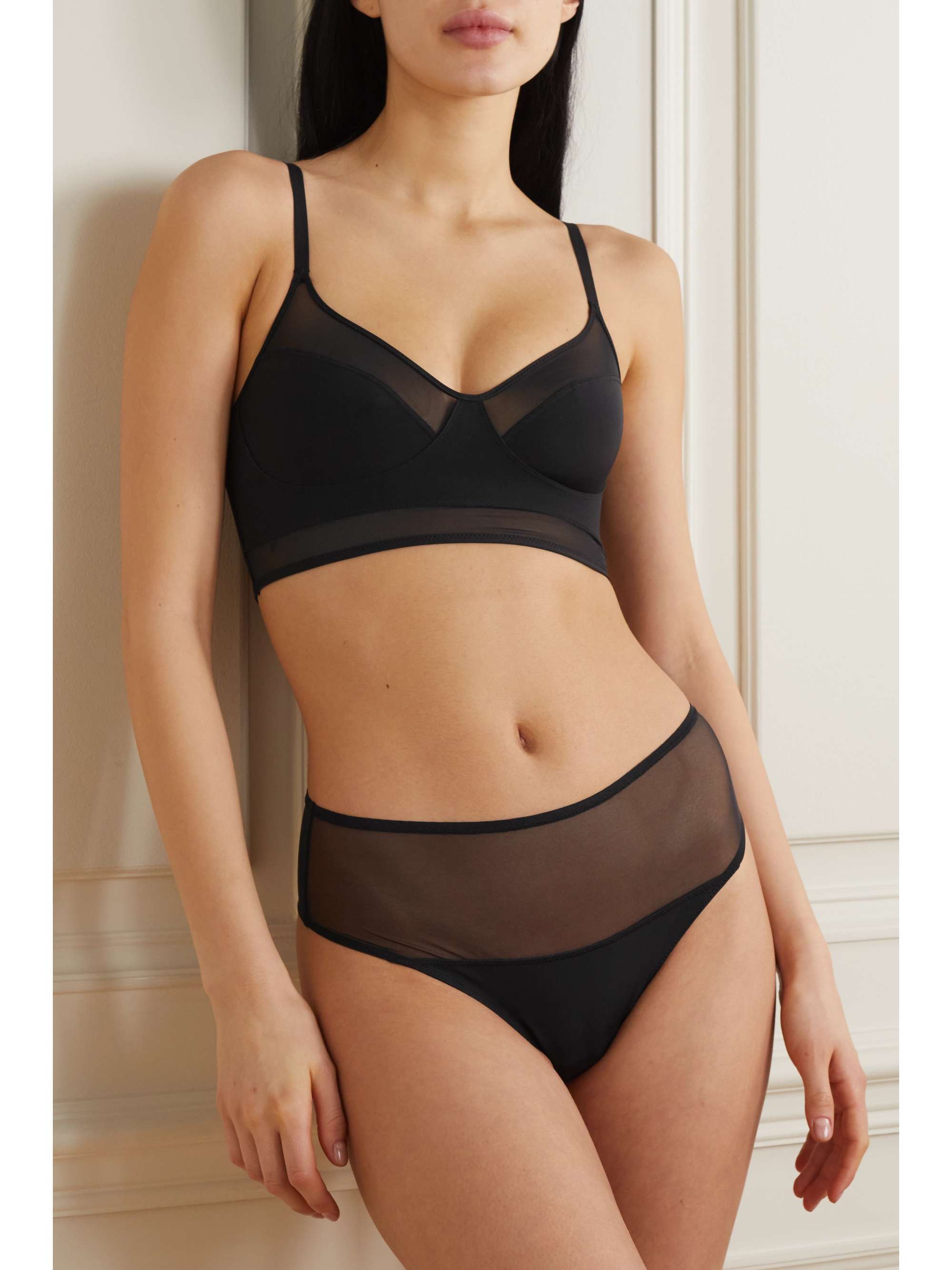 HEIST The High Waist paneled jersey and tulle thong