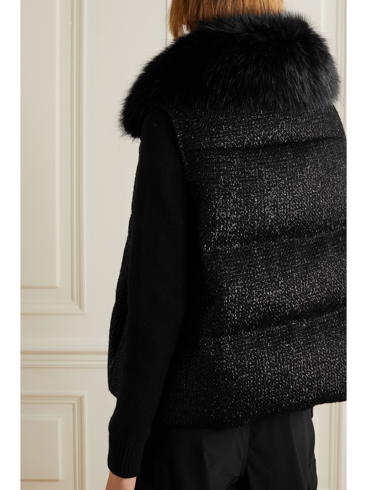 Shop Moncler Carrelet Faux Fur-trimmed Quilted Metallic Wool-blend Tweed Down Vest In Black