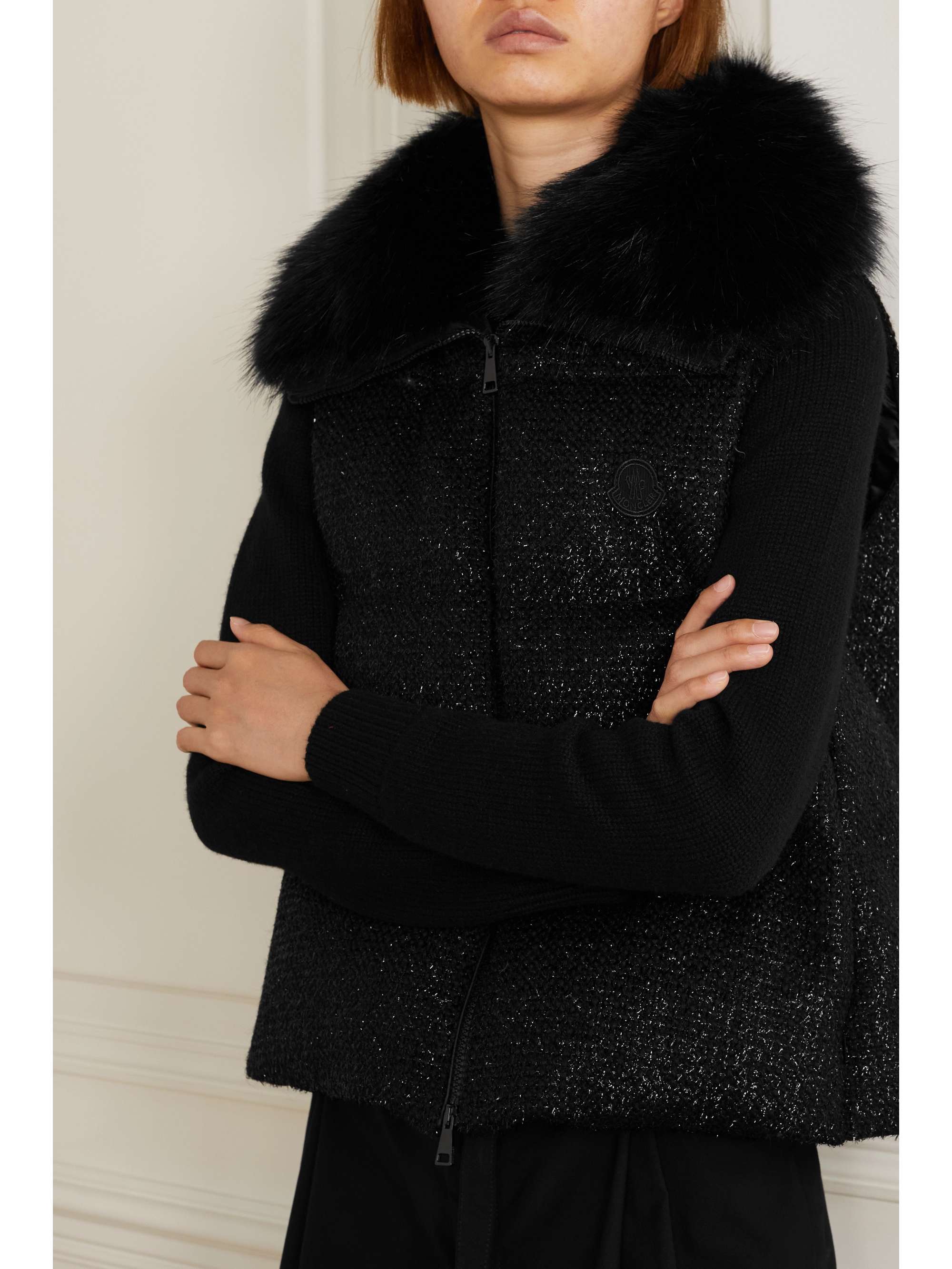 MONCLER Carrelet faux fur-trimmed quilted metallic wool-blend tweed down vest