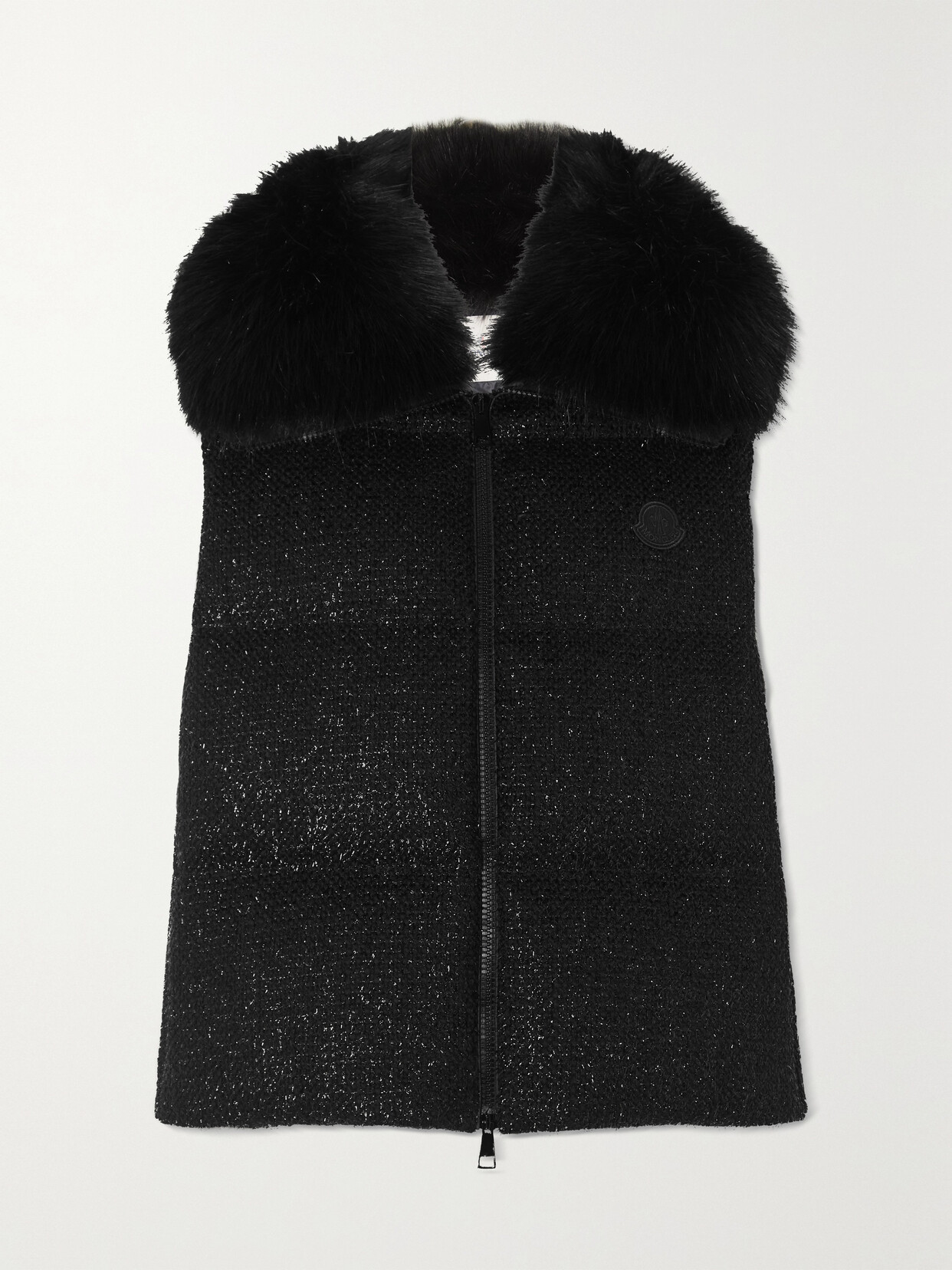 Moncler Carrelet Faux Fur-trimmed Quilted Metallic Wool-blend Tweed Down Vest In Black