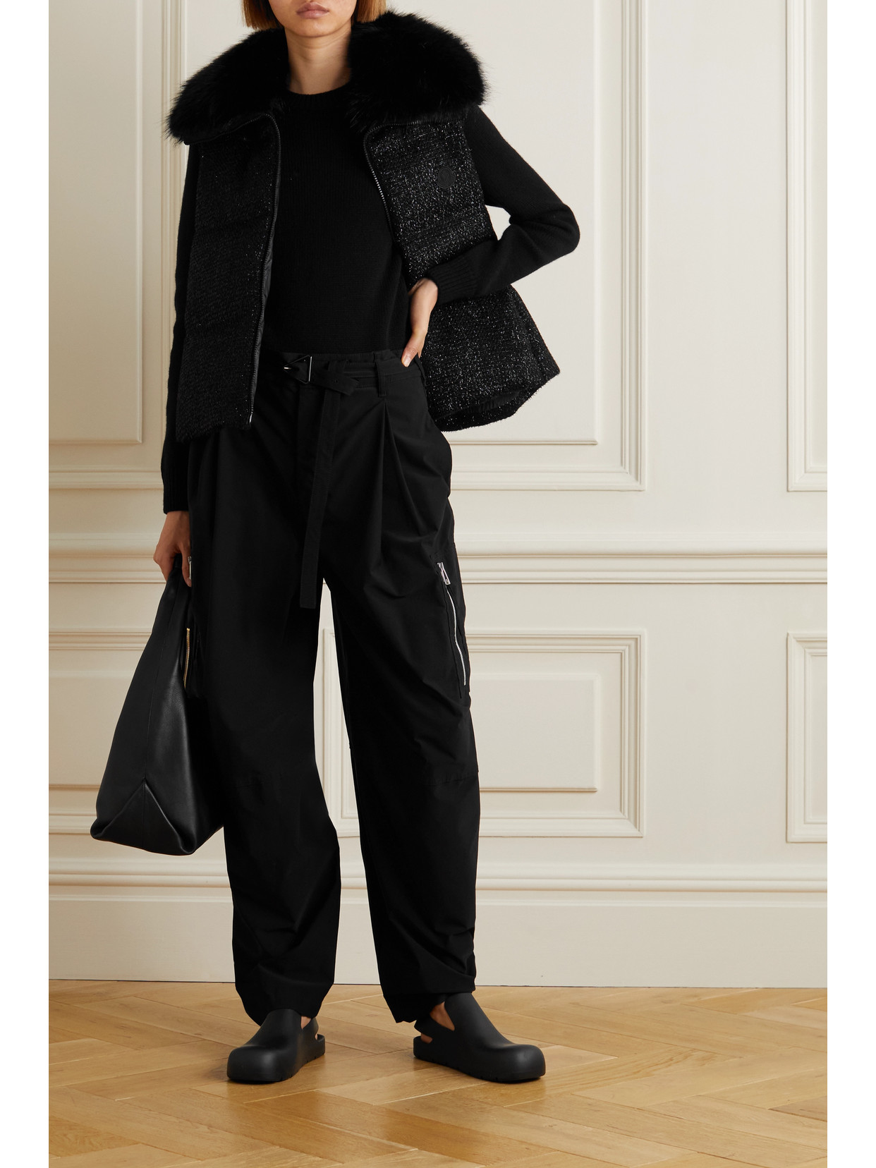 Moncler Carrelet Faux Fur-trimmed Quilted Metallic Wool-blend Tweed Down Vest In Black
