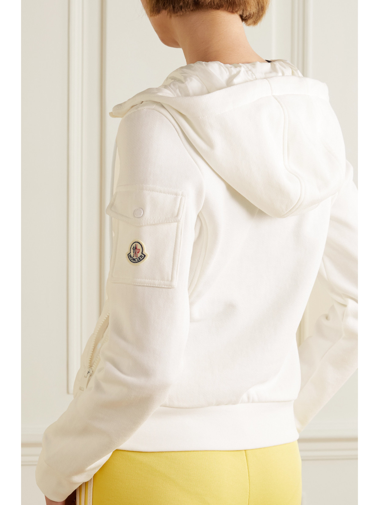 Shop Moncler Paneled Cotton-blend Terry And Quilted Shell Down Hoodie In White