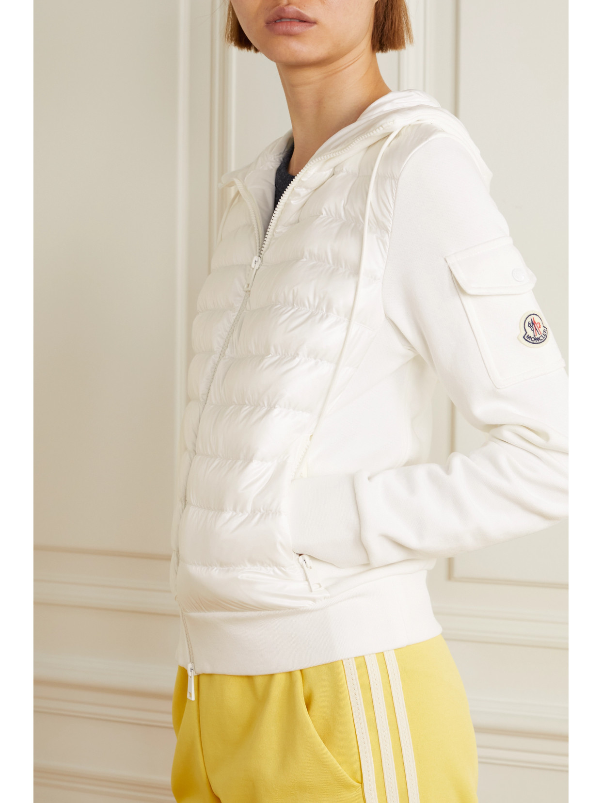 MONCLER PANELED COTTON-BLEND TERRY AND QUILTED SHELL DOWN HOODIE