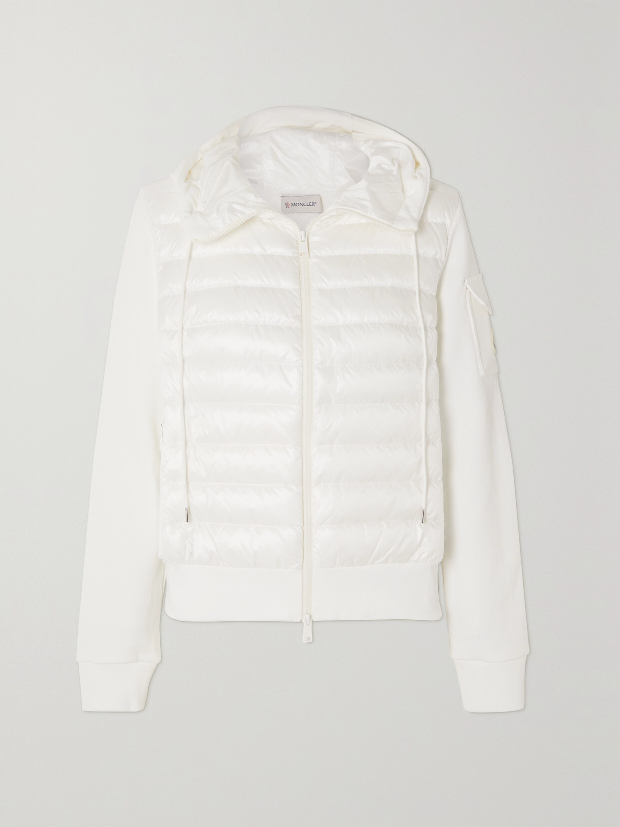 Shop Moncler Paneled Cotton-blend Terry And Quilted Shell Down Hoodie In White