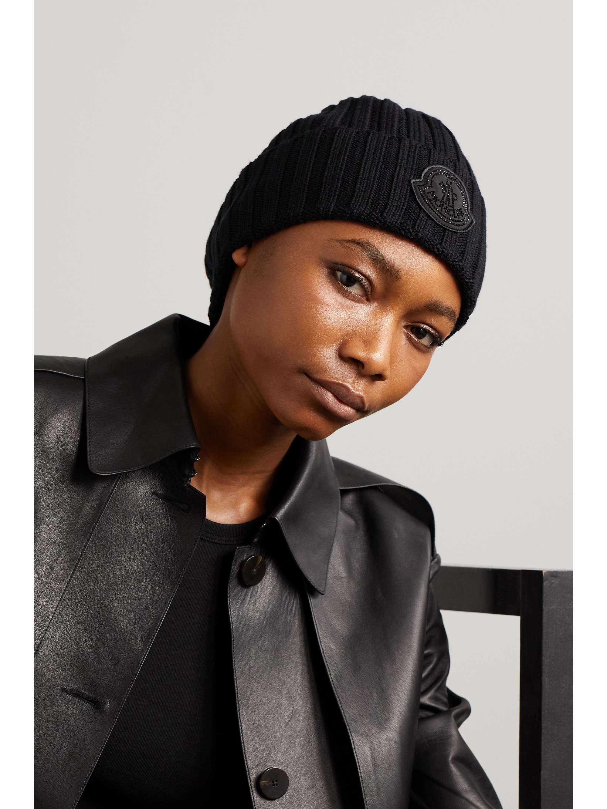 MONCLER Appliquéd ribbed wool beanie