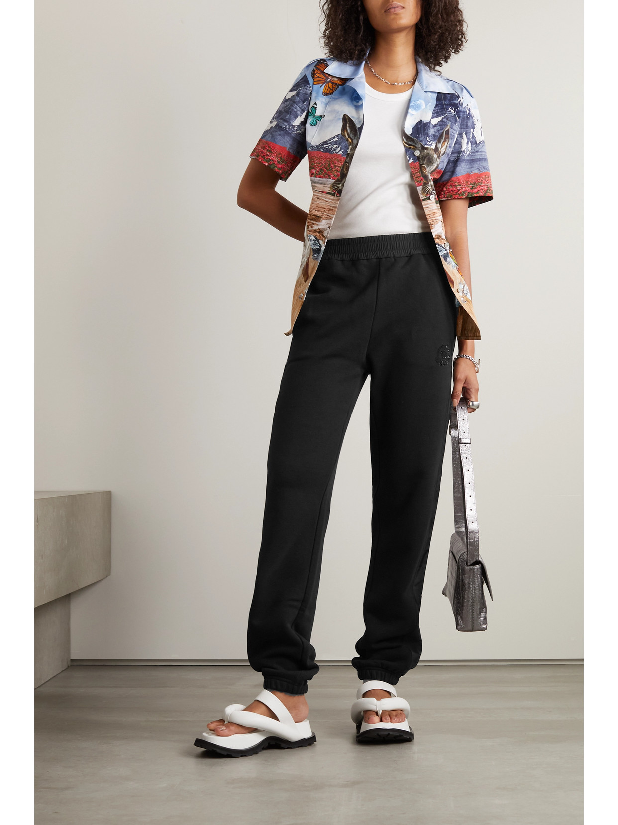 Shop Moncler Embellished Shell-trimmed Cotton-jersey Track Pants In Black