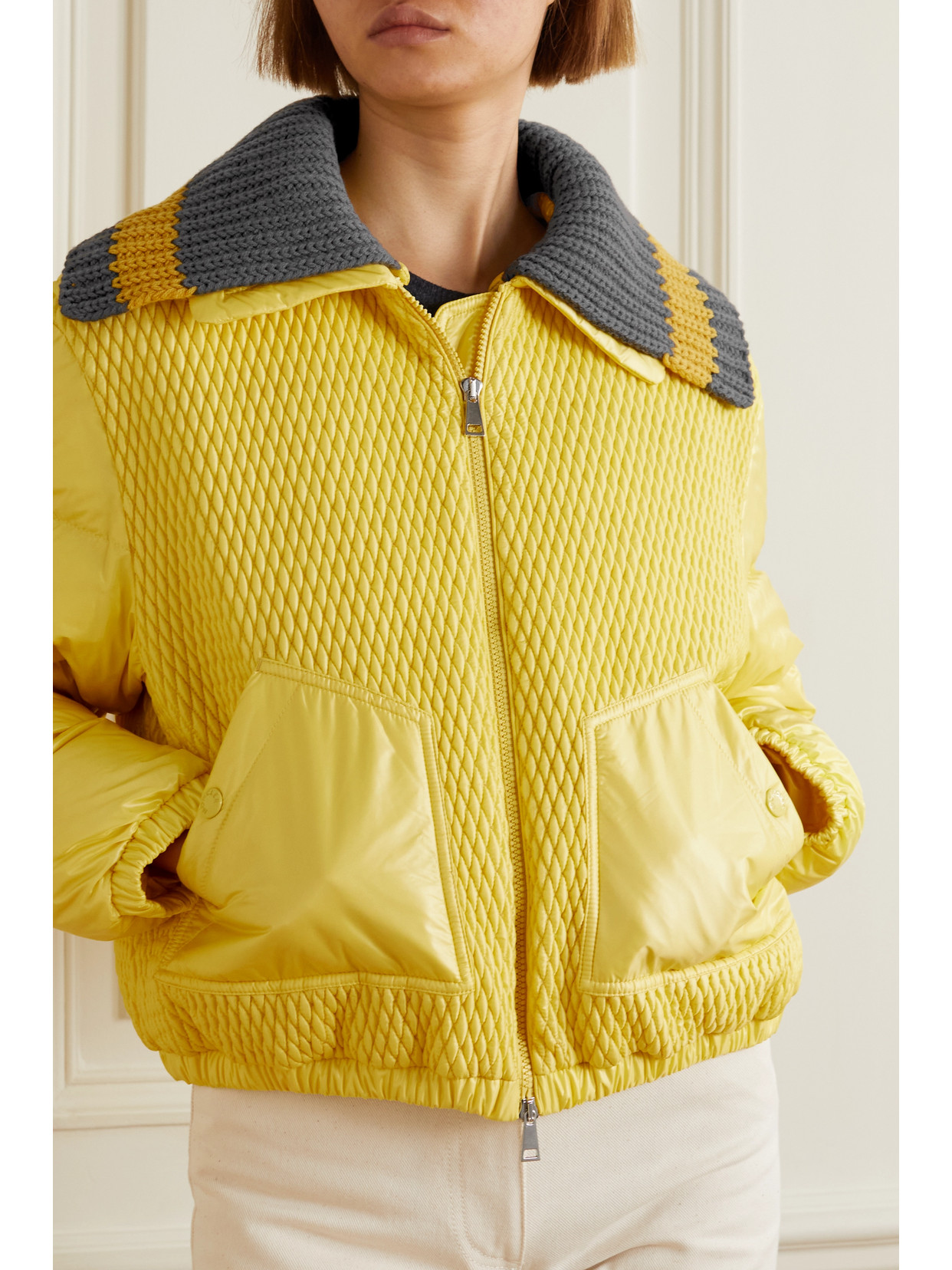 Shop Moncler Apront Cropped Quilted Shell Down Bomber Jacket In Yellow