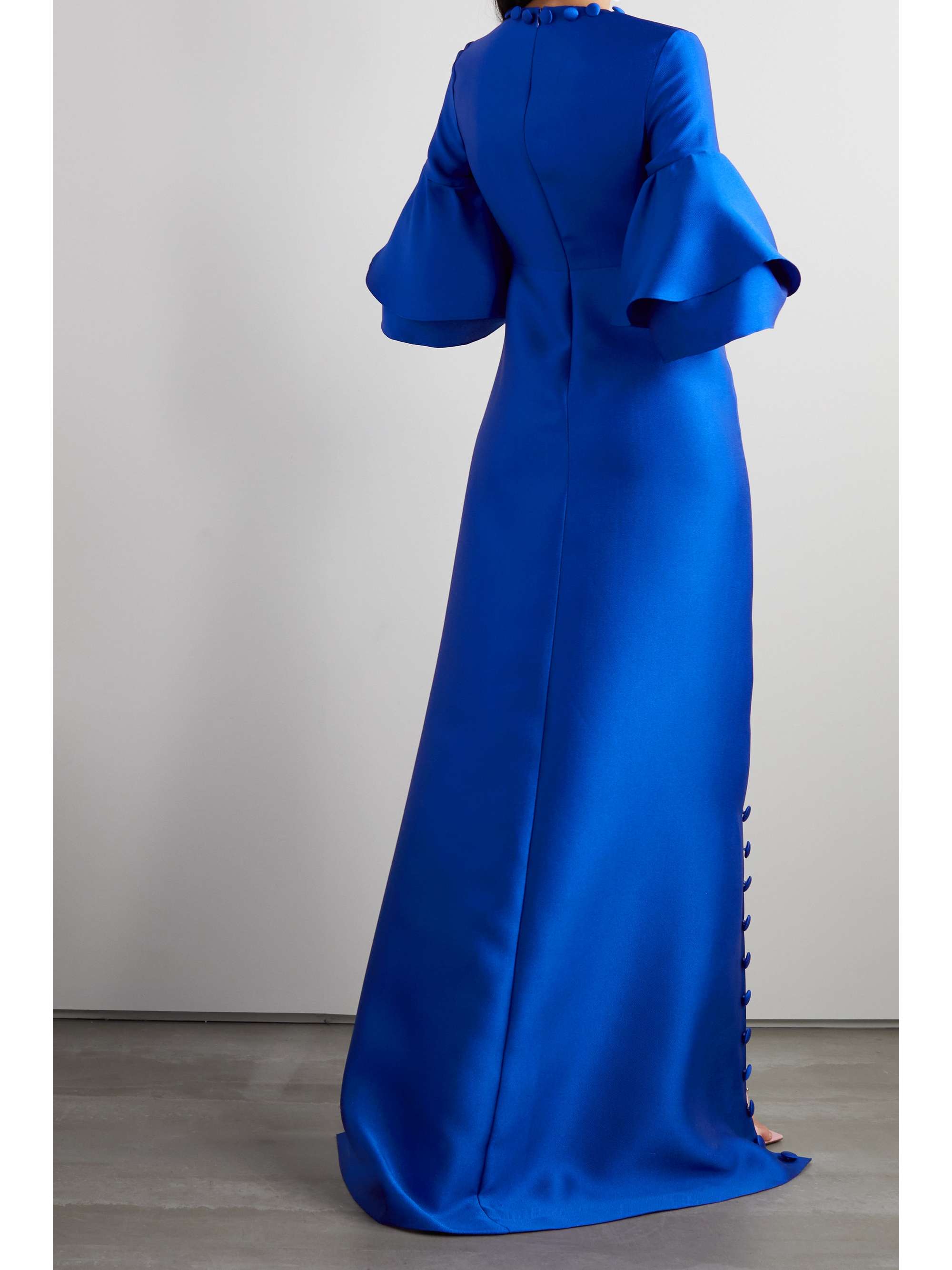 REEM ACRA Button-embellished ruffled satin-piqué gown