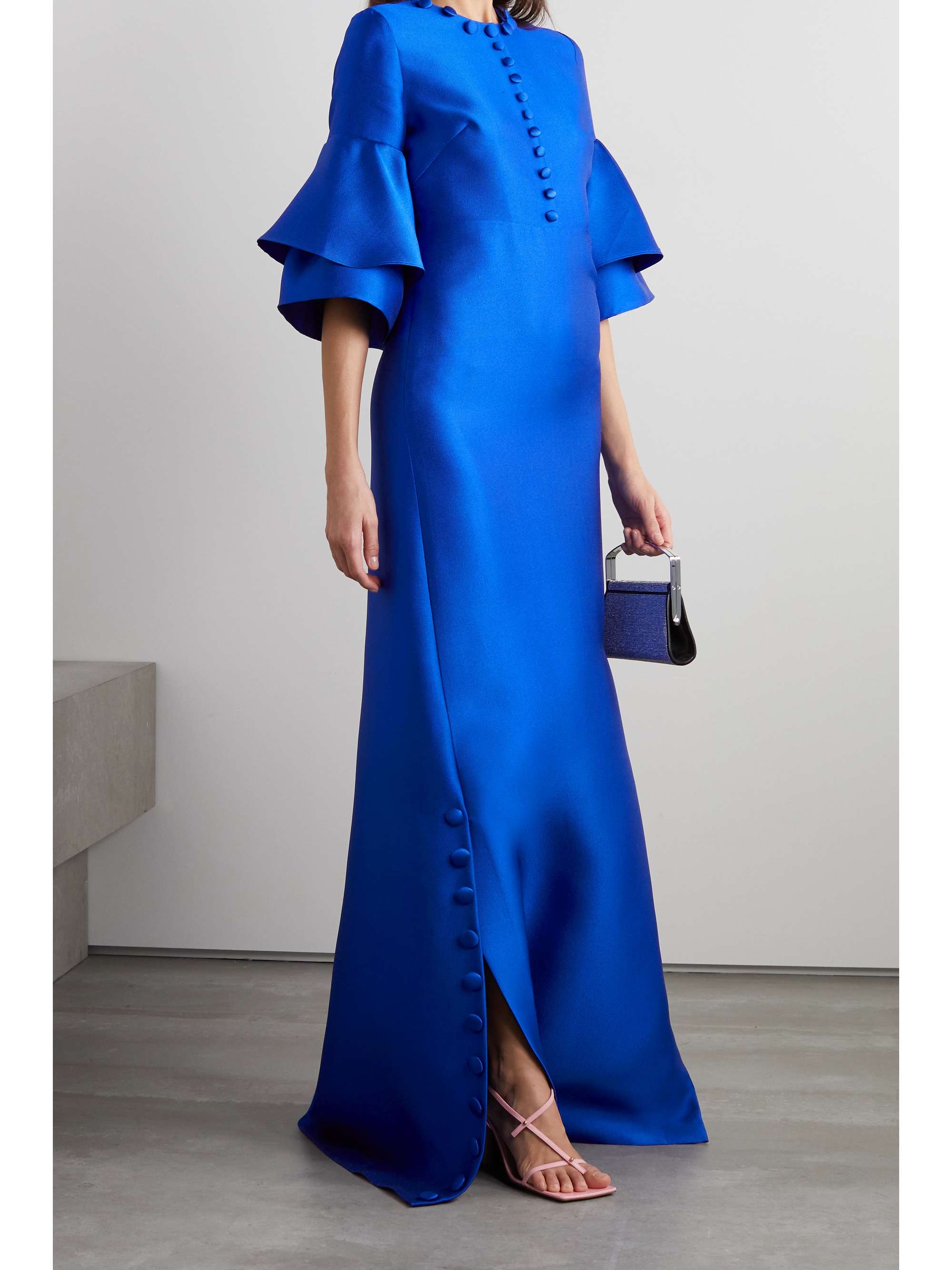 REEM ACRA Button-embellished ruffled satin-piqué gown