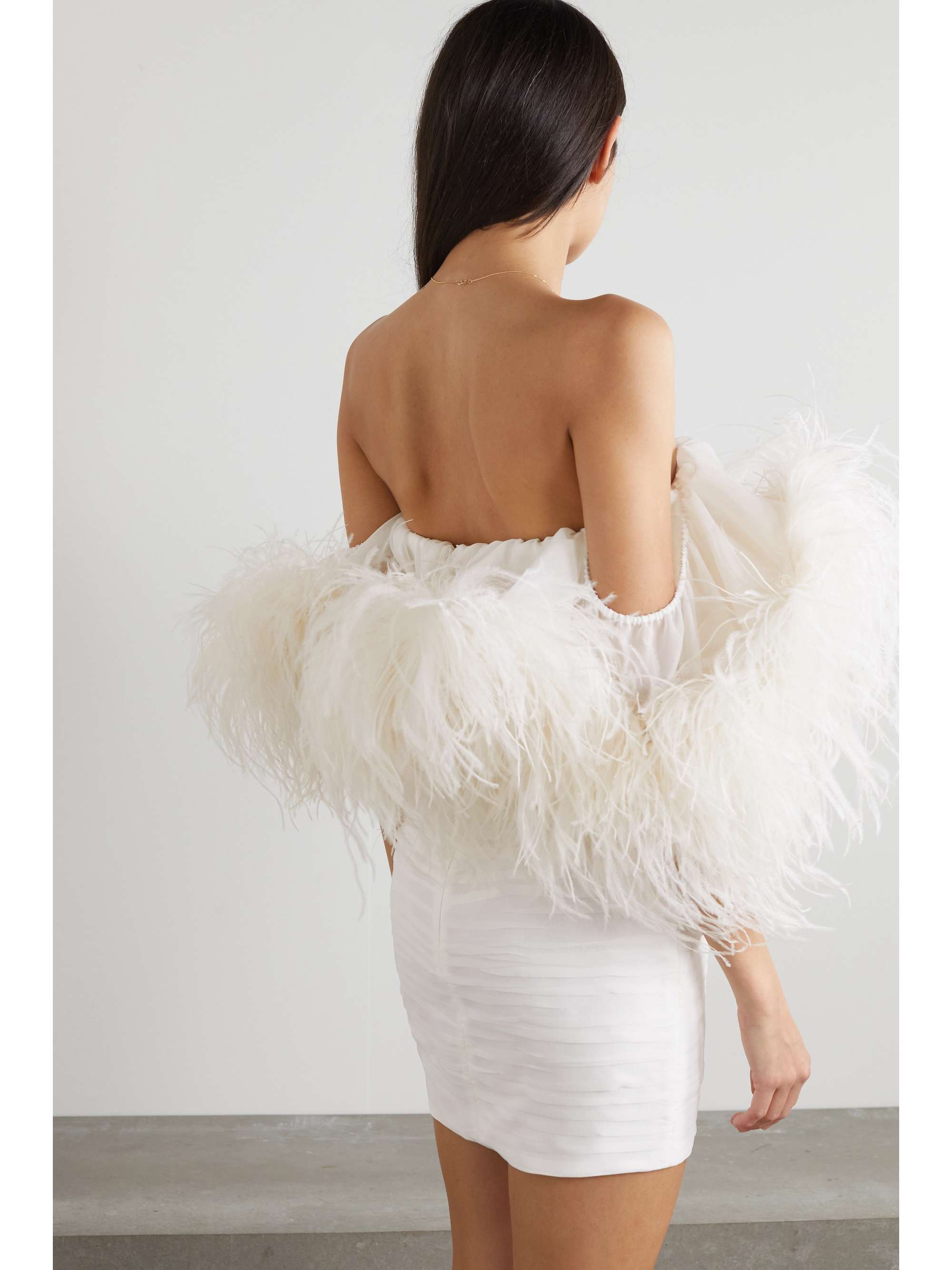 MAGDA BUTRYM Off-the-shoulder feather-trimmed silk-crepe mini dress
