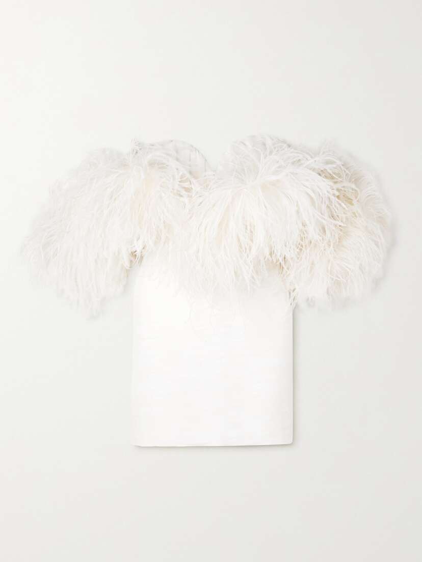 Magda Butrym Off-the-shoulder Feather-trimmed Silk-crepe Mini Dress
