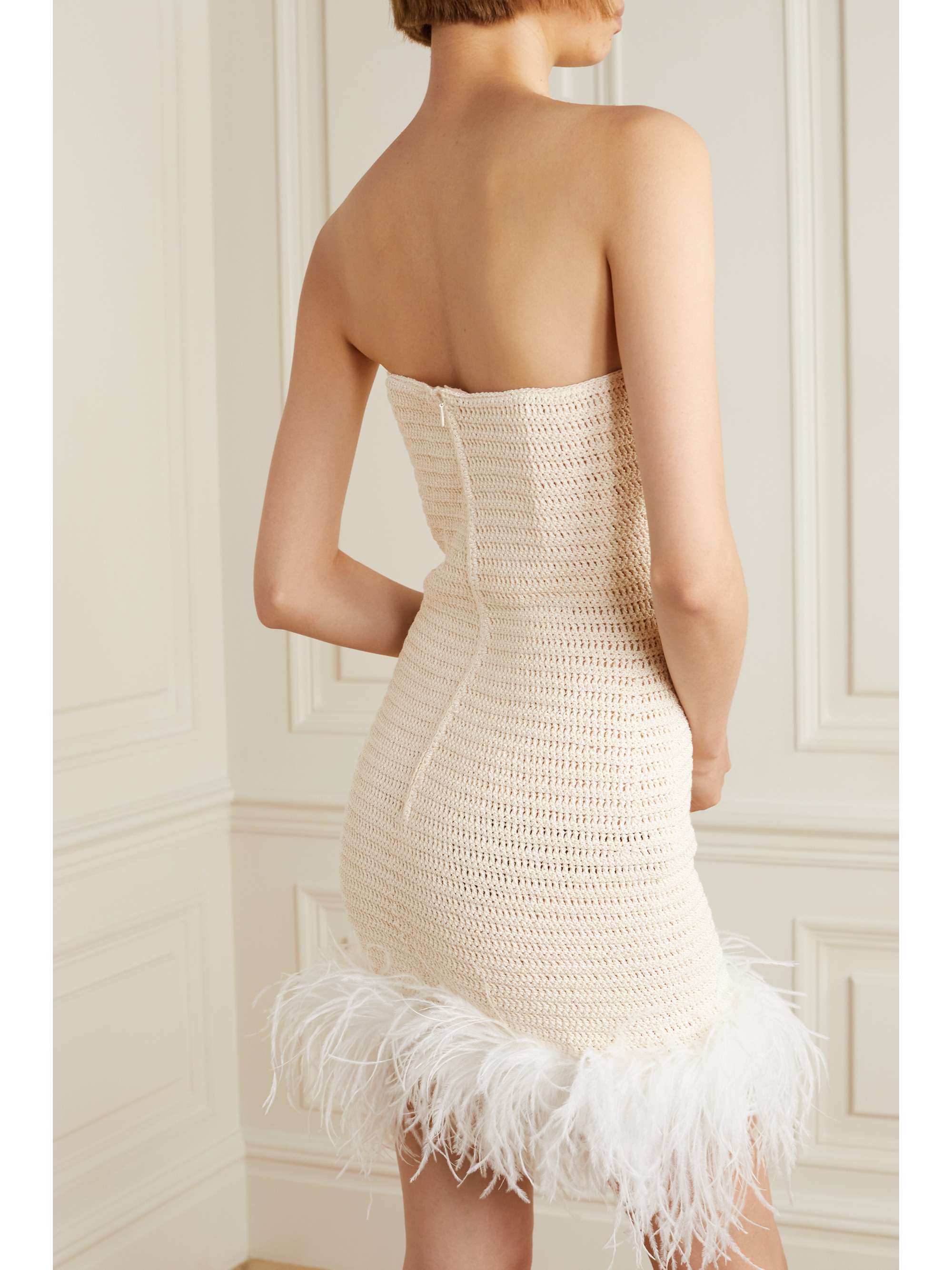 MAGDA BUTRYM Strapless feather-trimmed crocheted cotton-blend mini dress