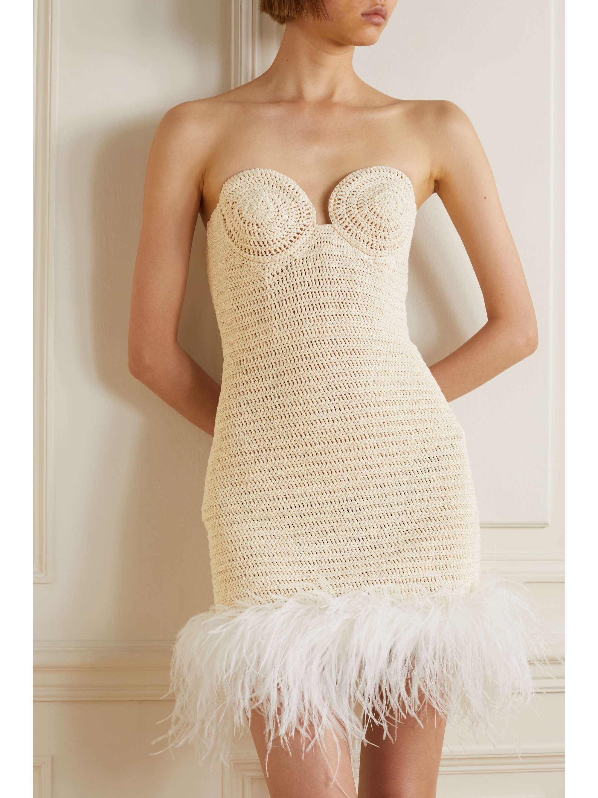 MAGDA BUTRYM Strapless feather-trimmed crocheted cotton-blend mini dress