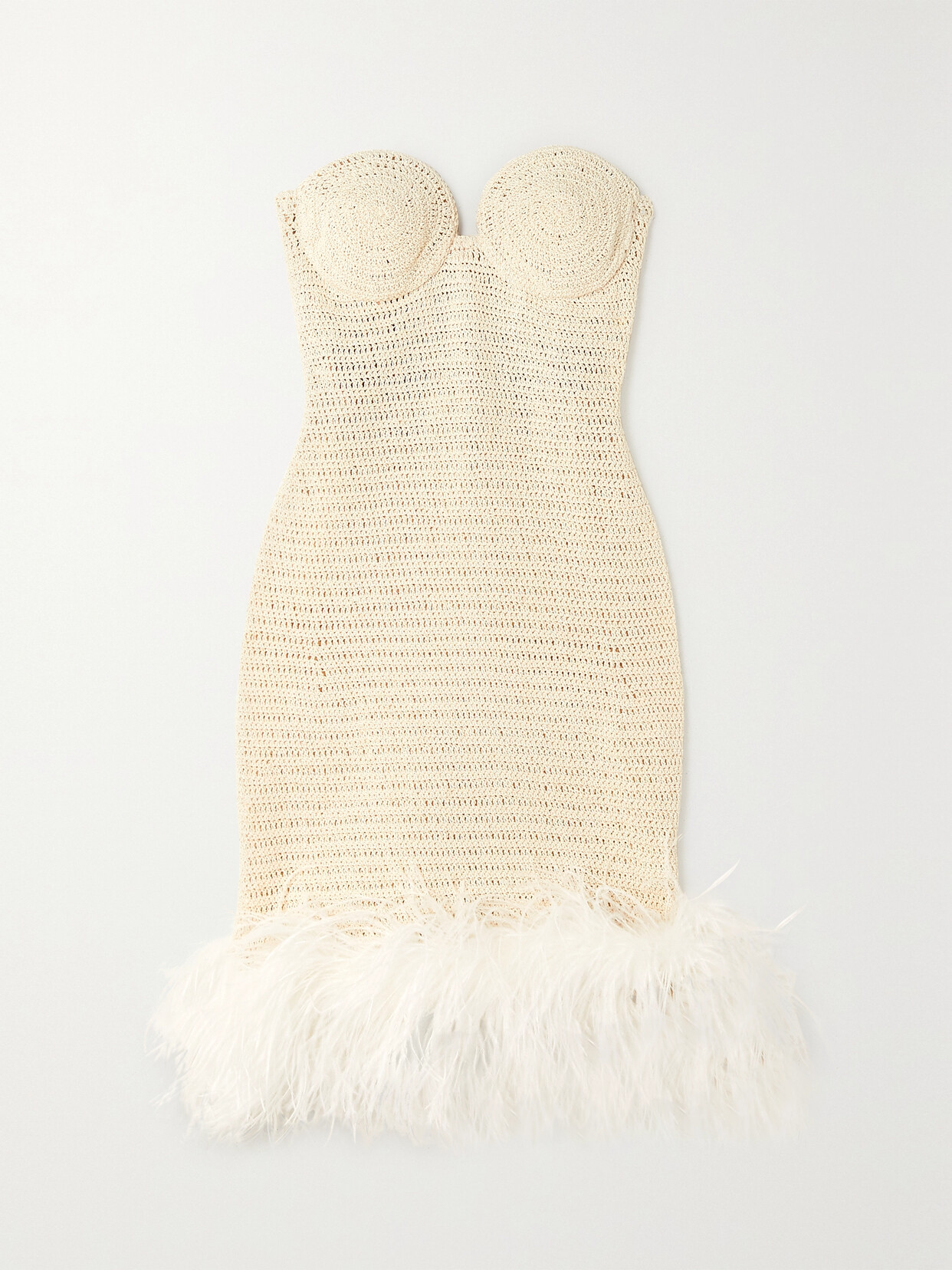 Magda Butrym Strapless Feather-trimmed Crocheted Cotton-blend Mini Dress In Cream