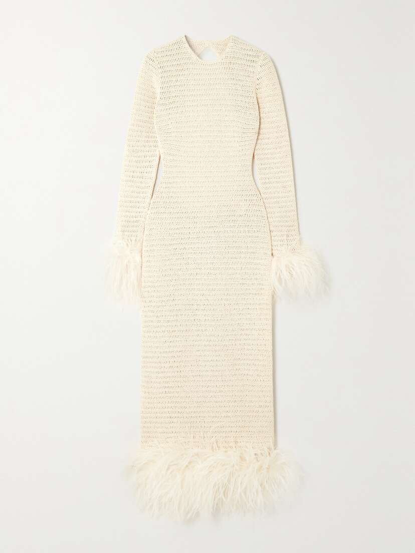 Magda Butrym Open-back Feather-trimmed Crocheted Cotton-blend Midi Dress