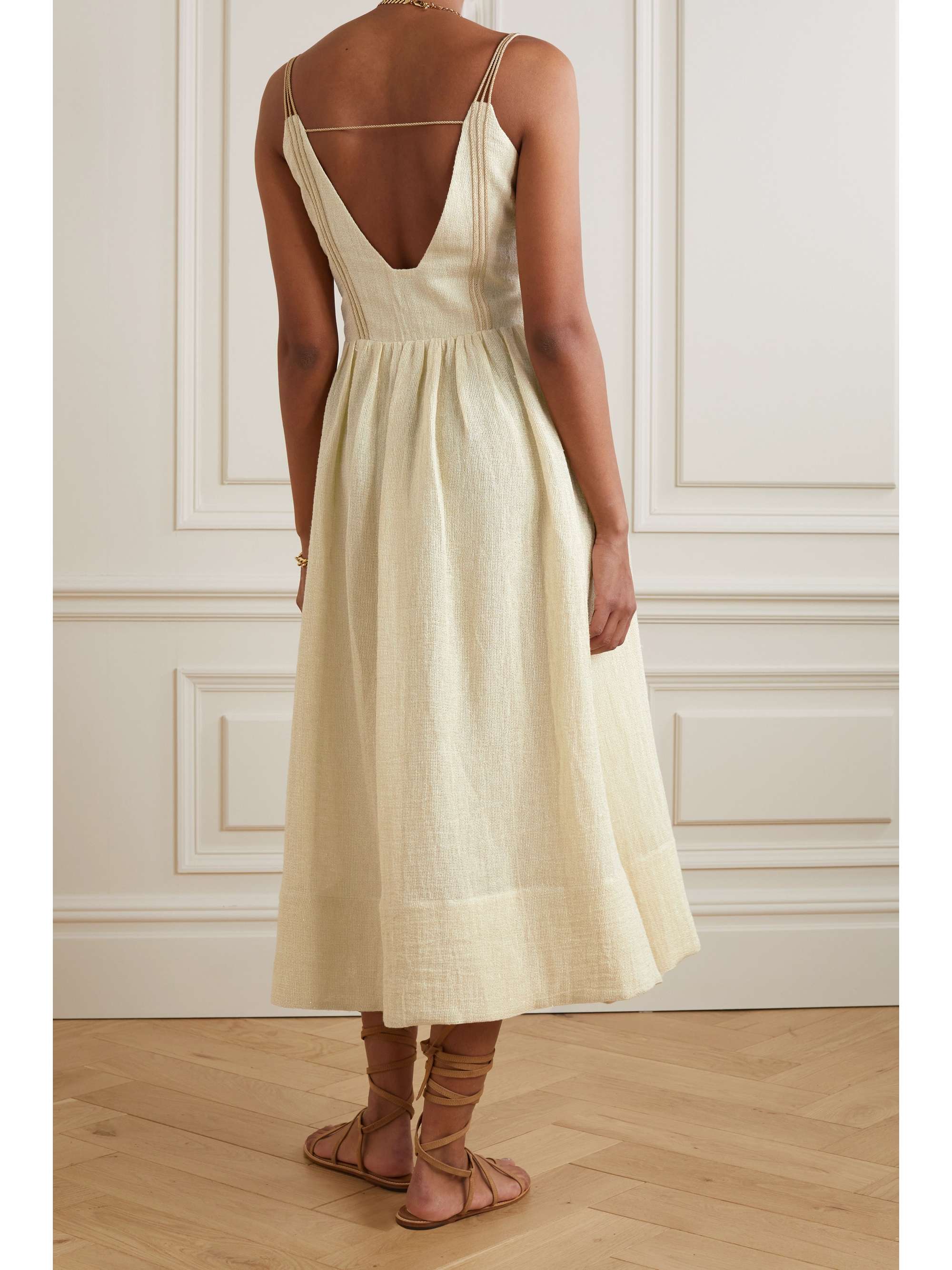 ZEUS + DIONE Ione cord-trimmed metallic linen-blend gauze midi dress