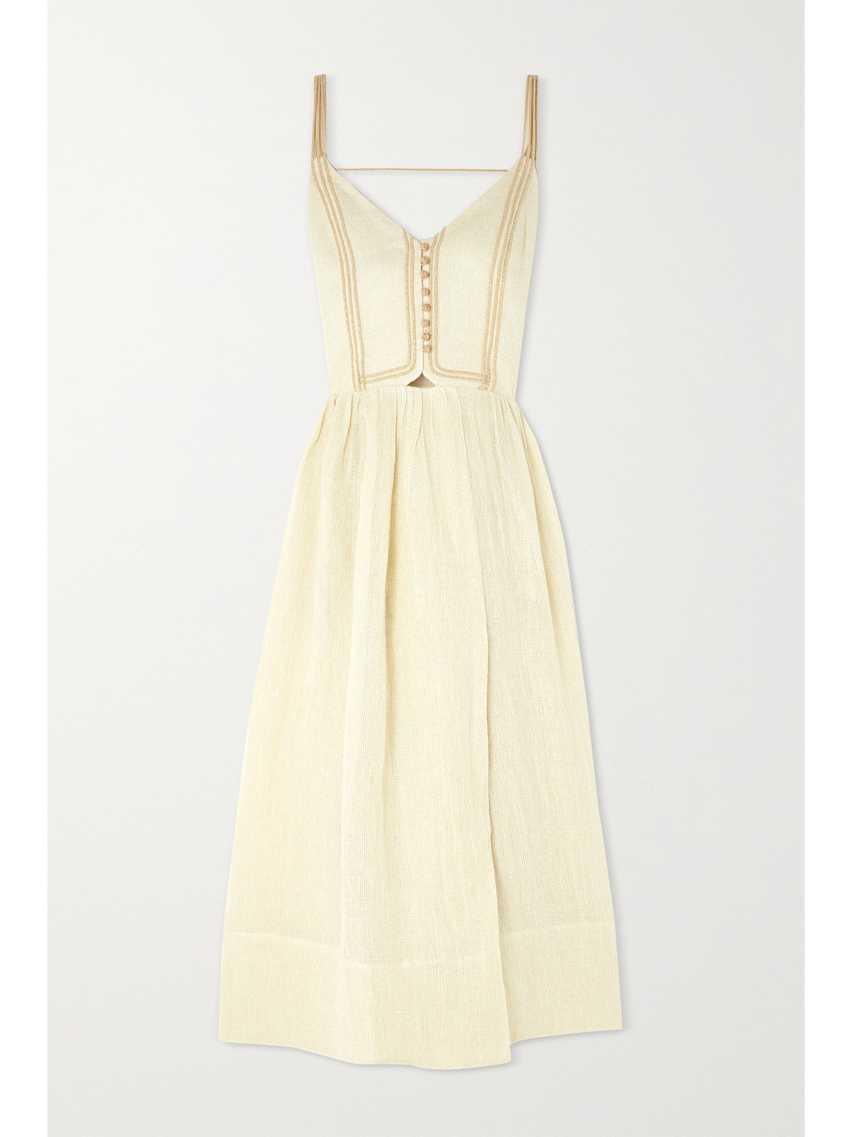 Zeus + Dione Ione Cord-trimmed Metallic Linen-blend Gauze Midi Dress In Gold  | ModeSens