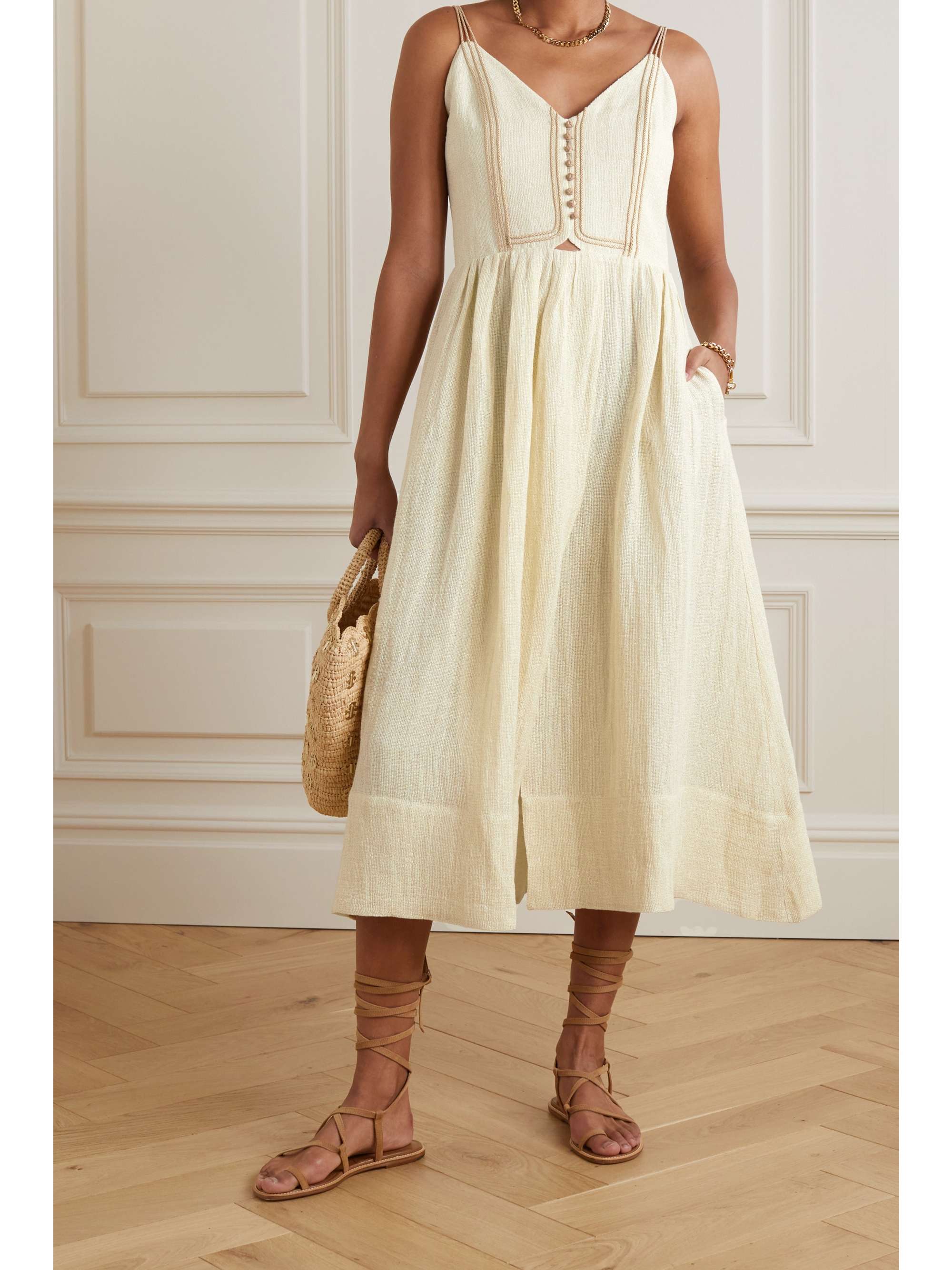 ZEUS + DIONE Ione cord-trimmed metallic linen-blend gauze midi dress