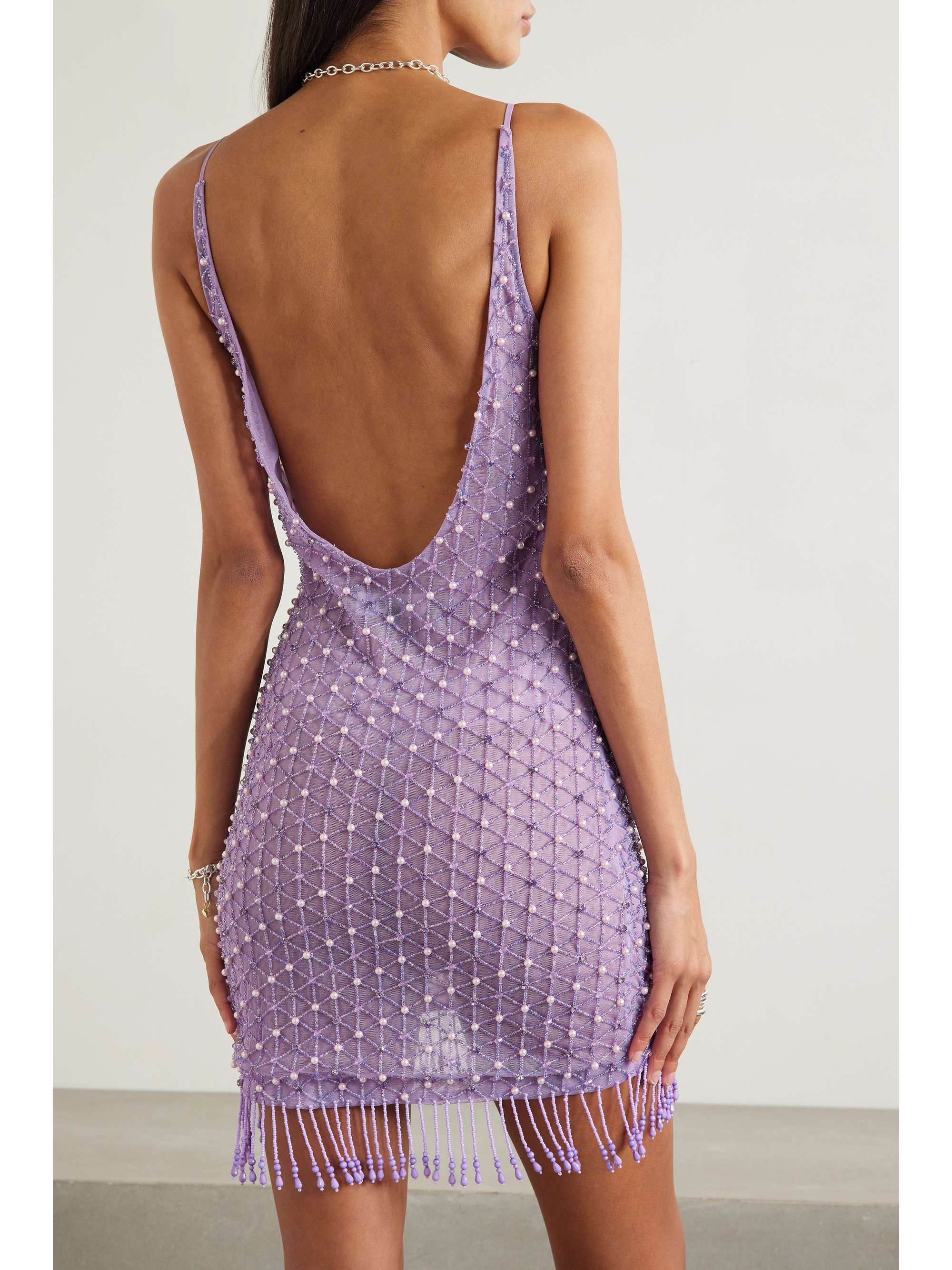 RETROFÊTE Kyma backless fringed embellished tulle mini dress