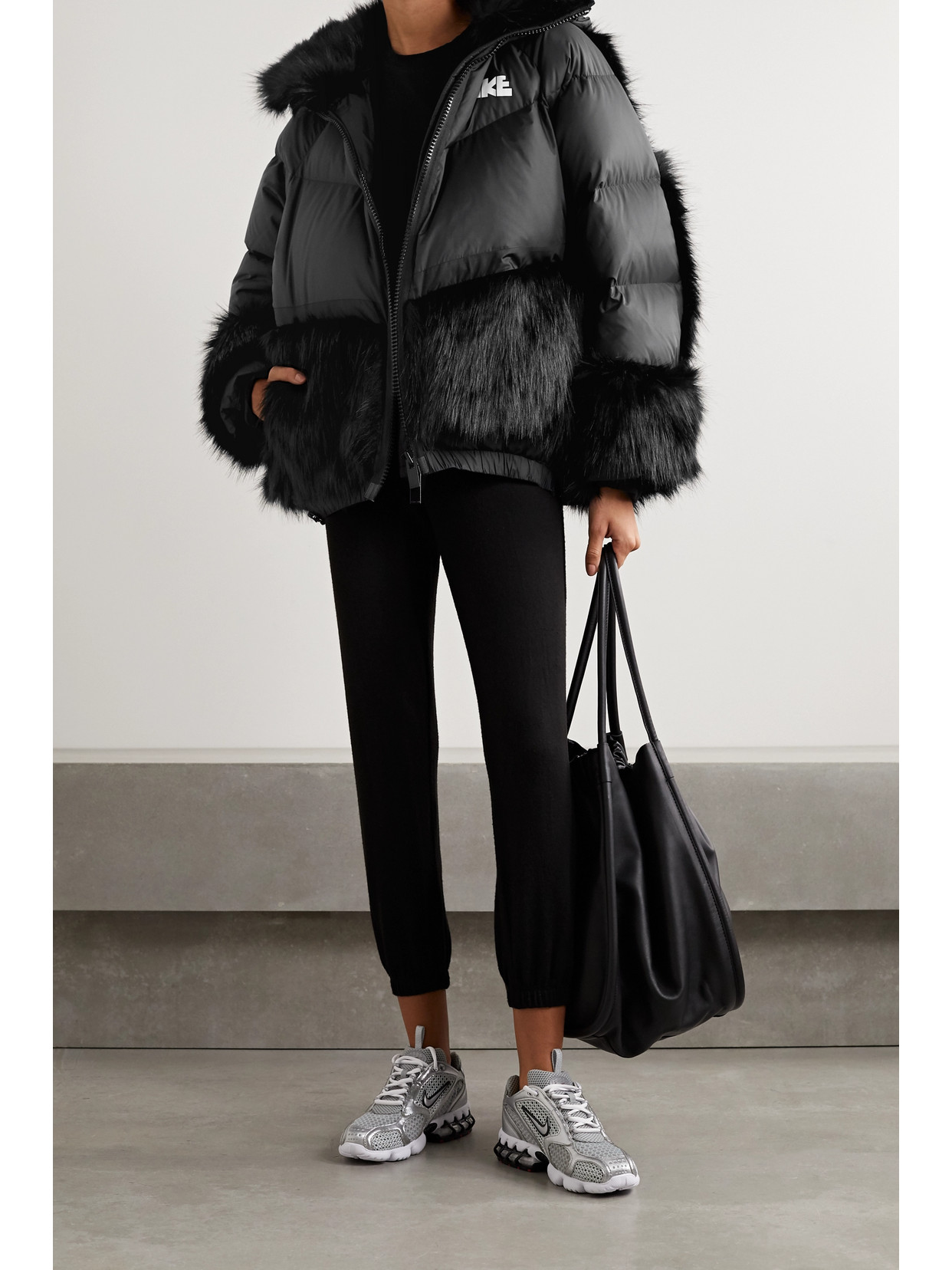 Nike + Sacai Nrg Oversized Hooded Faux Fur And Quilted Down Jacket In Black | ModeSens