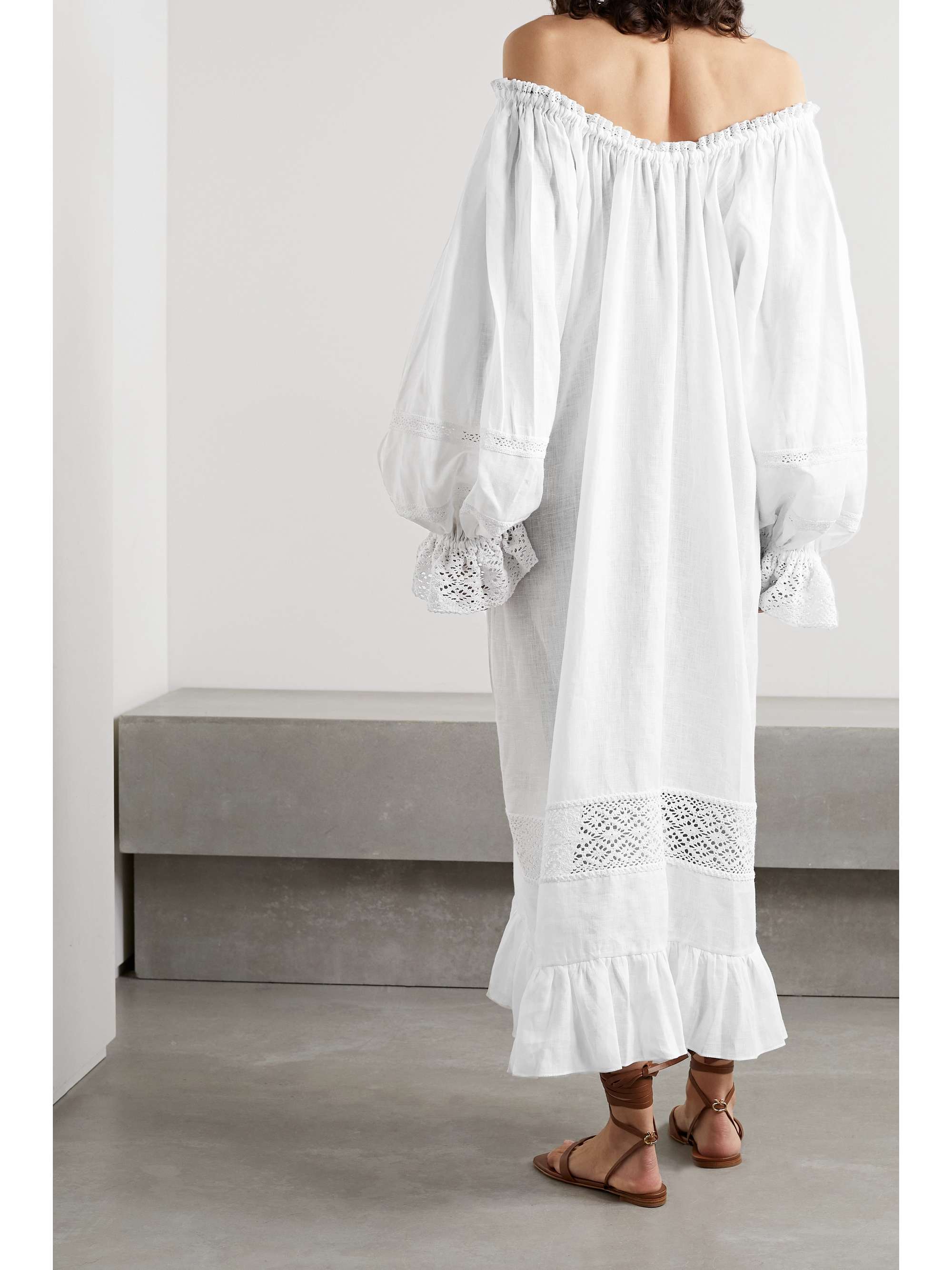 SLEEPER + NET SUSTAIN Paloma off-the-shoulder crochet-trimmed linen midi dress