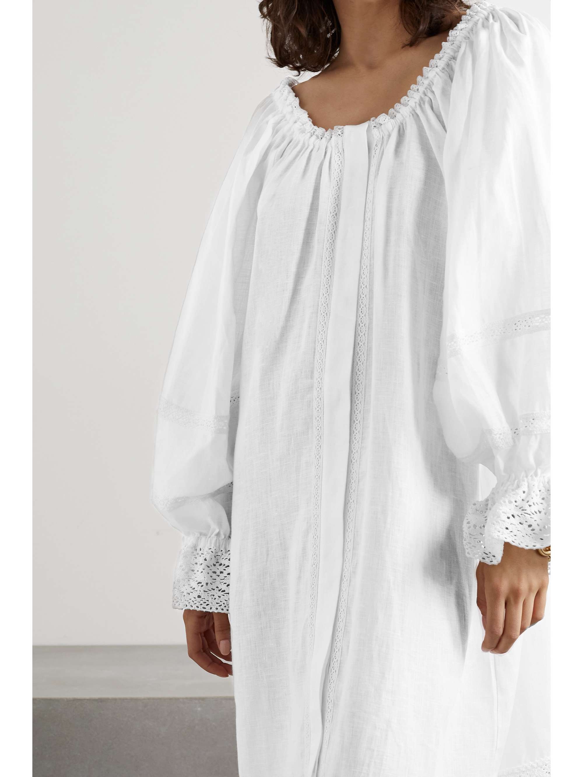 SLEEPER + NET SUSTAIN Paloma off-the-shoulder crochet-trimmed linen midi dress