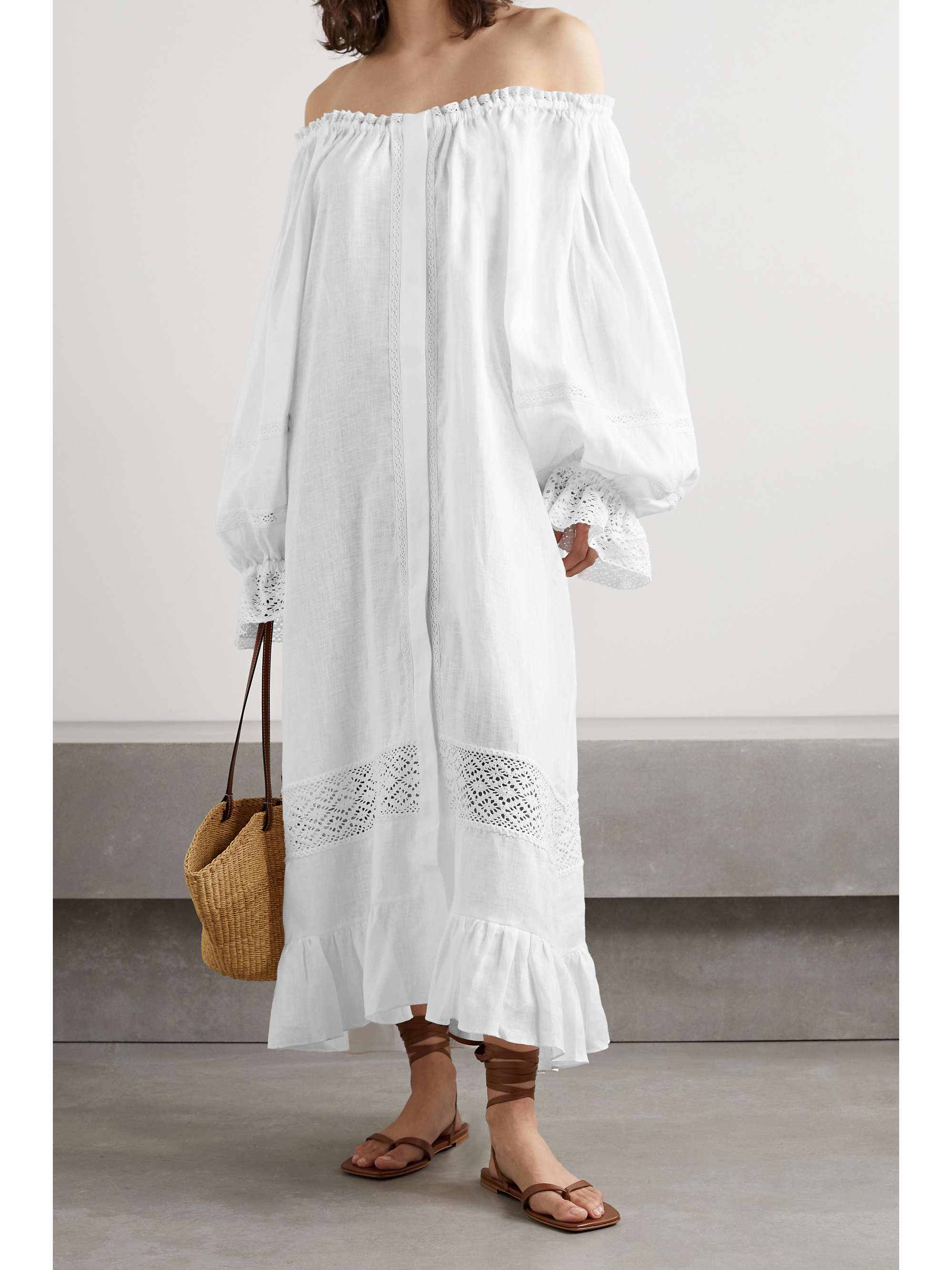 SLEEPER + NET SUSTAIN Paloma off-the-shoulder crochet-trimmed linen midi dress